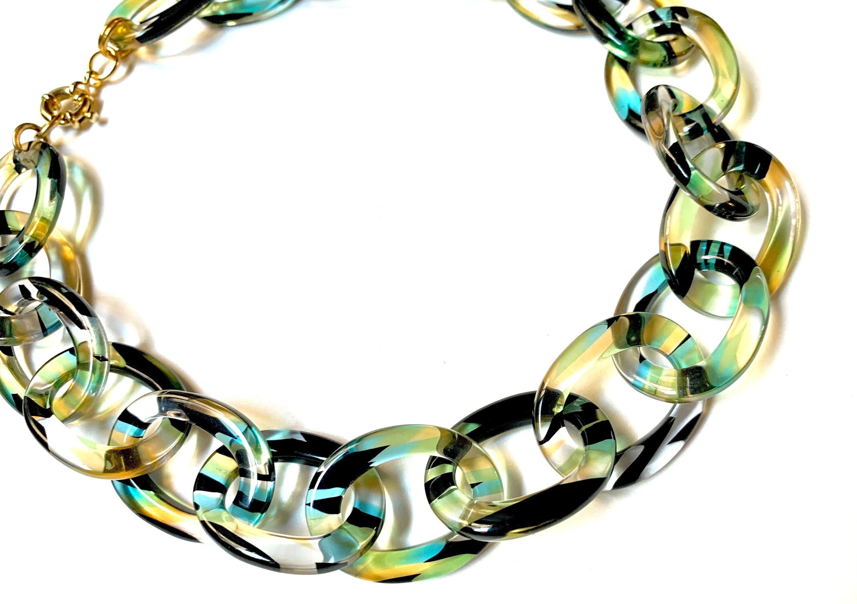 18" Chunky Choker Length Cellulose Acetate Chain in Clear Pattern With Streaks of Black, Chartreuse and Blue |Handmade in the USA|