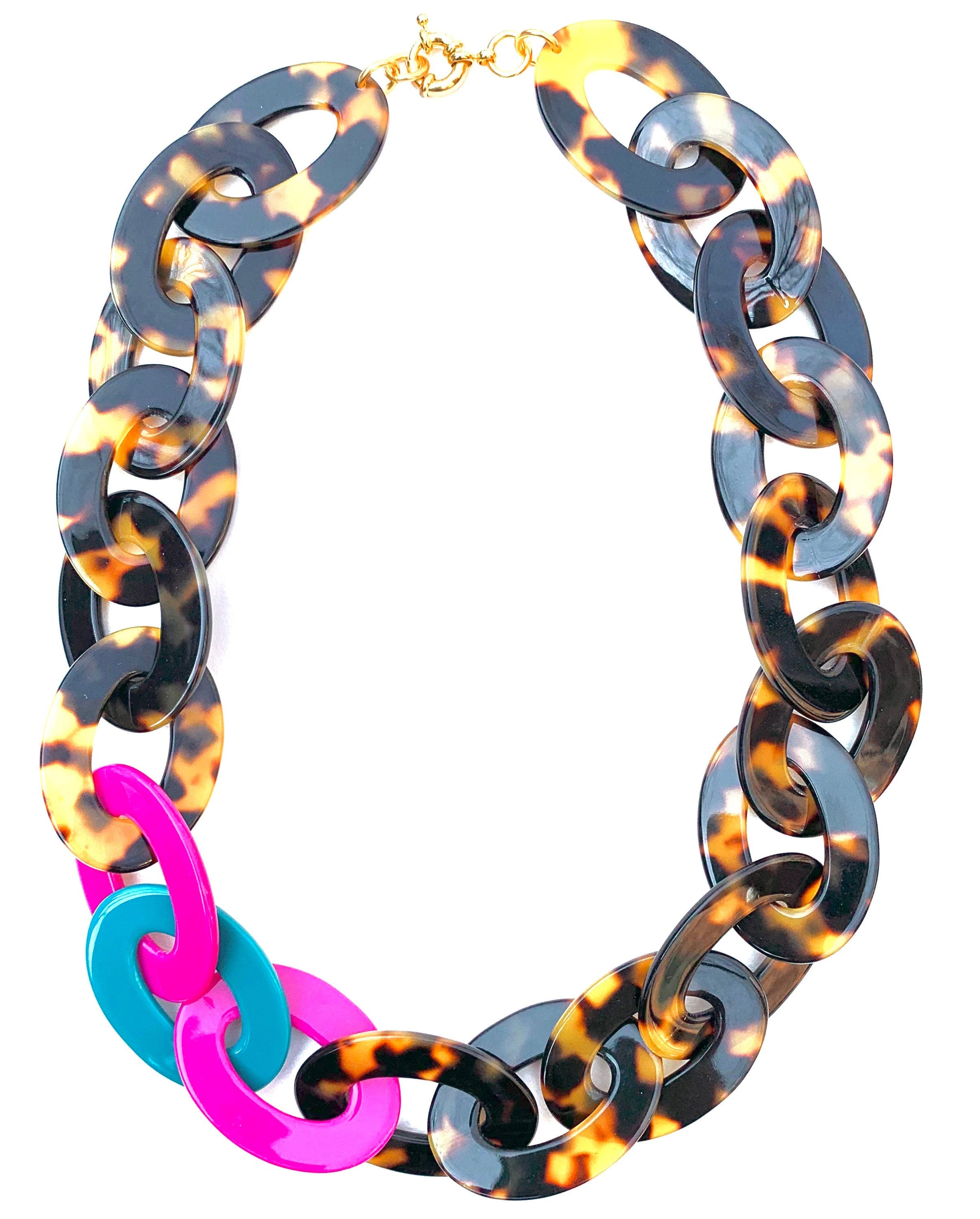 21" Colorful Tortoise Shell Chain With Pops of Magenta and Teal | Handmade in NYC From Italian Cellulose Acetate Chunky Tortoise Chain