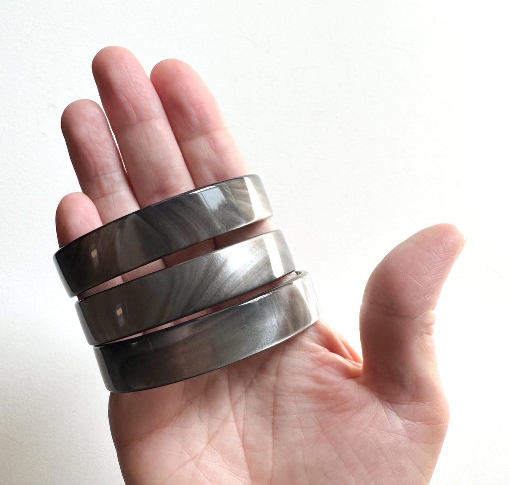 set of Three Silver Hematite Resin Bangle Bracelets Handmade From Italian Cellulose Acetate Vintage Never Worn Metallic Bangles