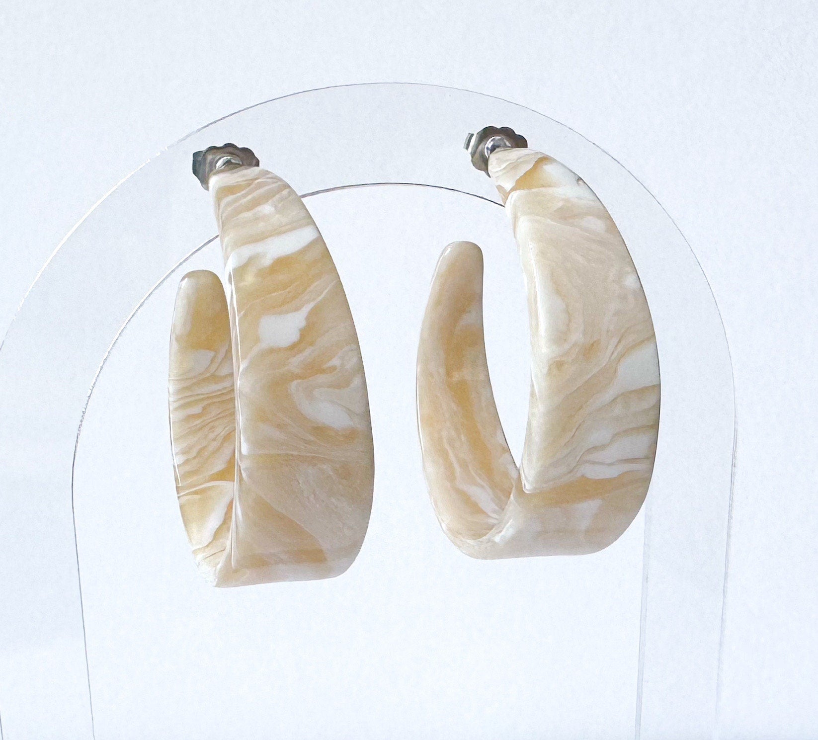 Tapered Ivory Hoop Earrings Handmade from Rare Vintage Italian Cellulose Acetate Bone Earrings Resin Hoops Lucite Statement Hoop Bone Hoops