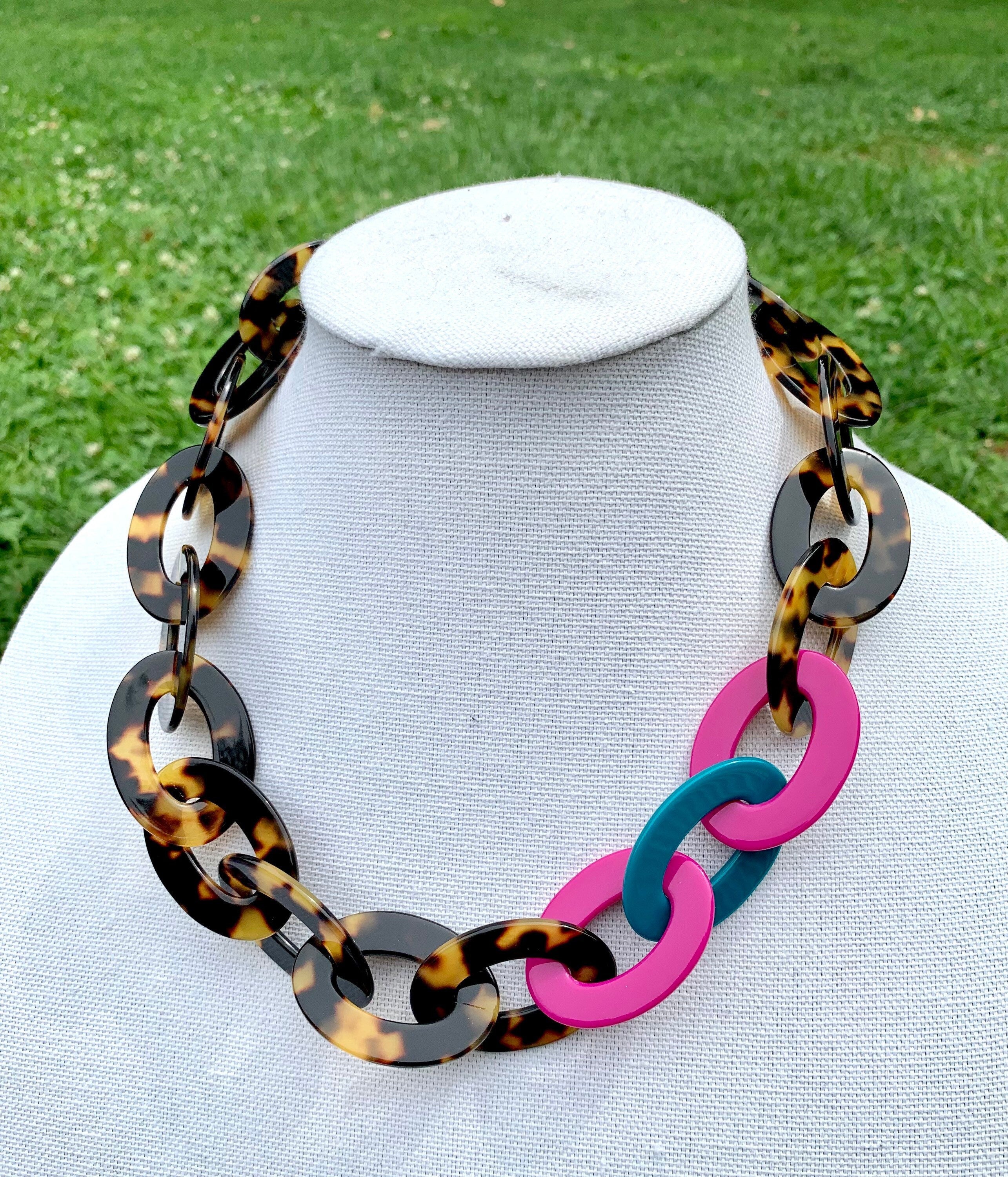 21" Colorful Tortoise Shell Chain With Pops of Magenta and Teal | Handmade in NYC From Italian Cellulose Acetate Chunky Tortoise Chain
