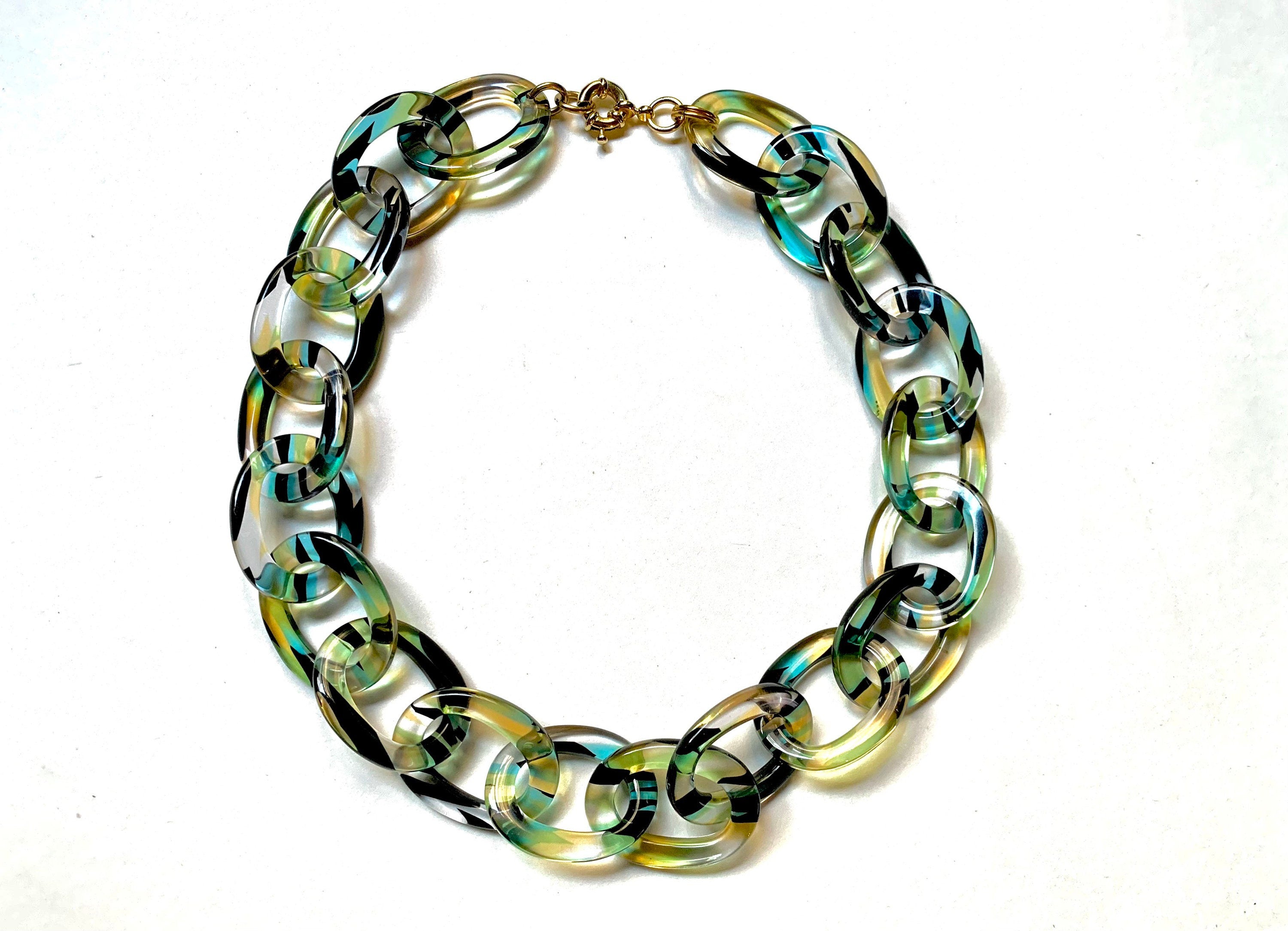 18" Chunky Choker Length Cellulose Acetate Chain in Clear Pattern With Streaks of Black, Chartreuse and Blue |Handmade in the USA|