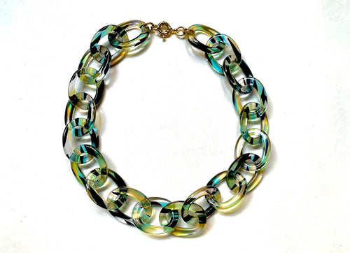 18" Chunky Choker Length Cellulose Acetate Chain in Clear Pattern With Streaks of Black, Chartreuse and Blue |Handmade in the USA|