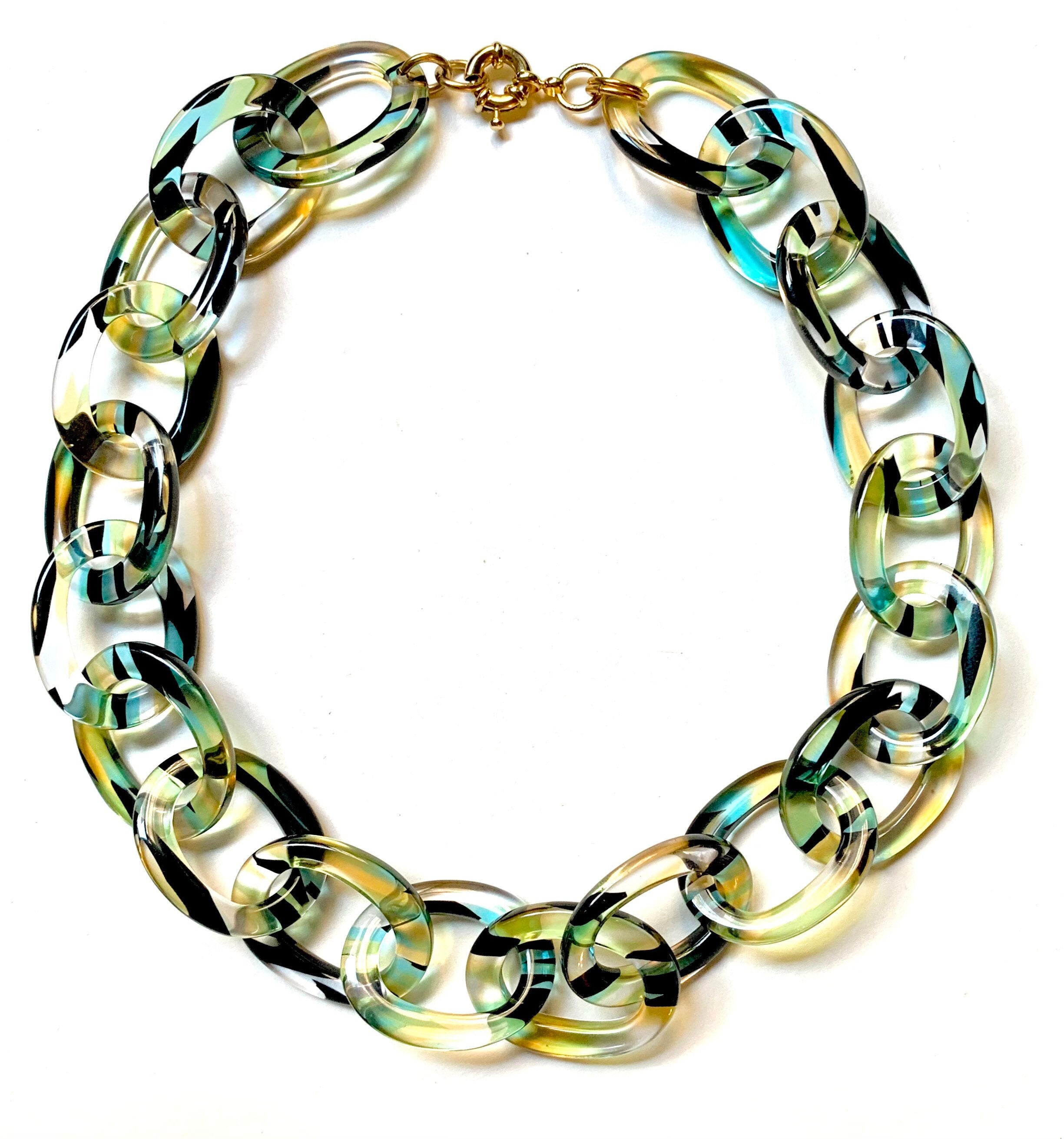 18" Chunky Choker Length Cellulose Acetate Chain in Clear Pattern With Streaks of Black, Chartreuse and Blue |Handmade in the USA|