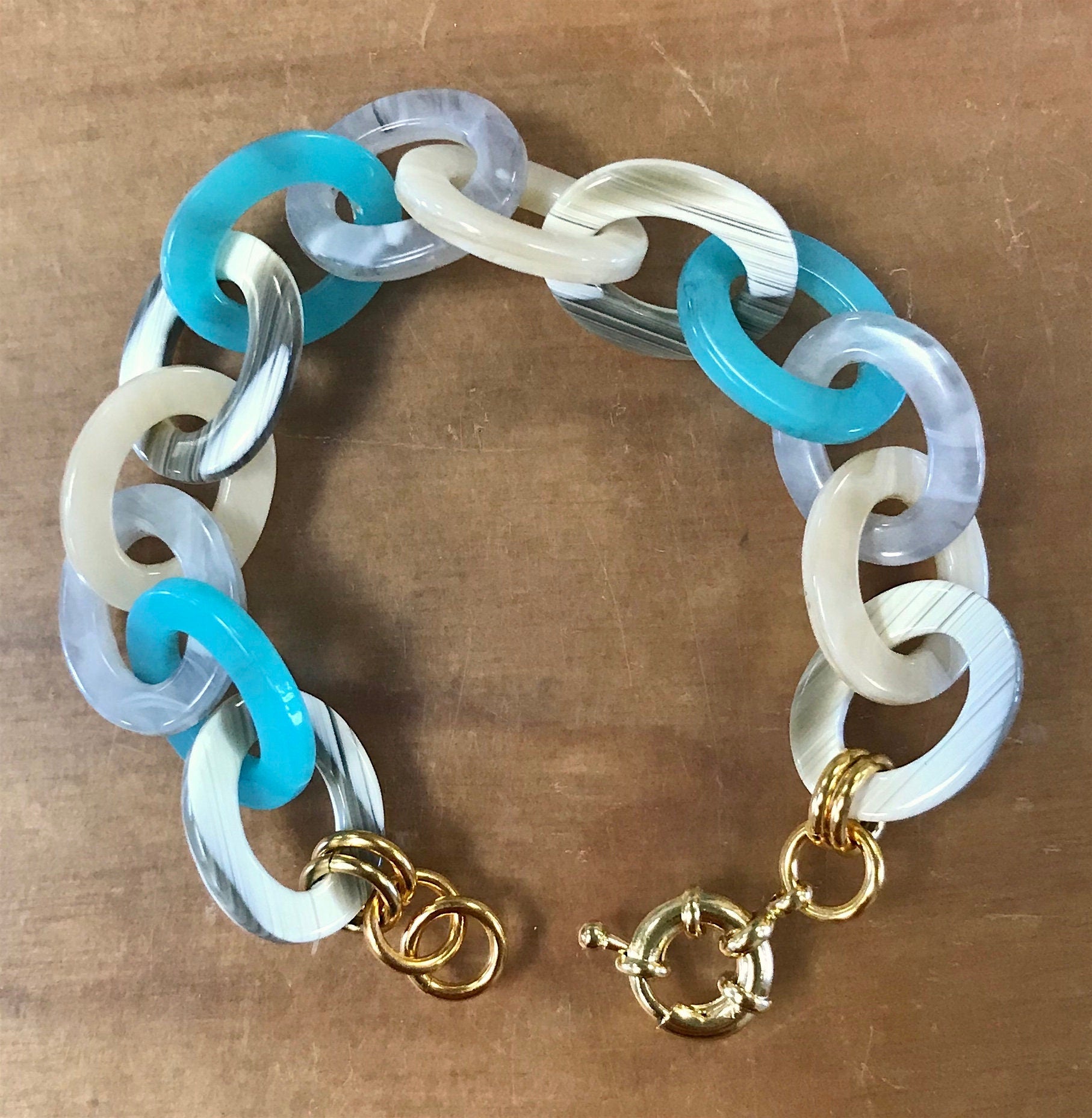 Turquoise and Faux Horn Cellulose Acetate Link Chain Bracelet |Handmade in the USA|