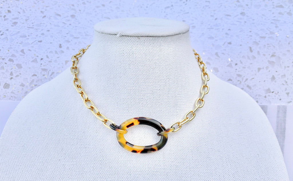 Large Tortoise Shell Link and Gold 17.5" Choker Chain |Repurposed from Vintage Italian Cellulose Acetate Links | Made in USA | Free Shipping