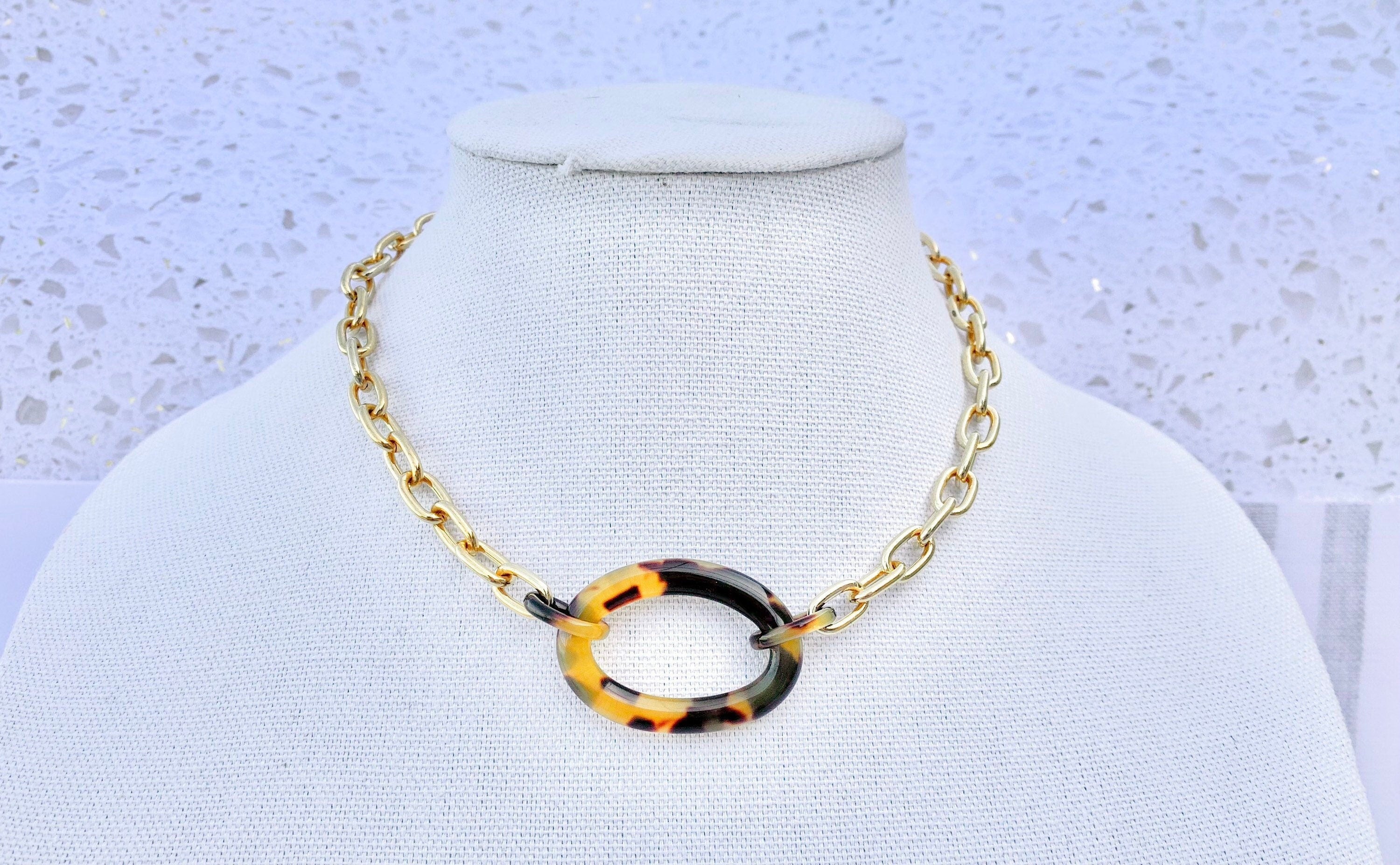 Large Tortoise Shell Link and Gold 17.5" Choker Chain |Repurposed from Vintage Italian Cellulose Acetate Links | Made in USA | Free Shipping