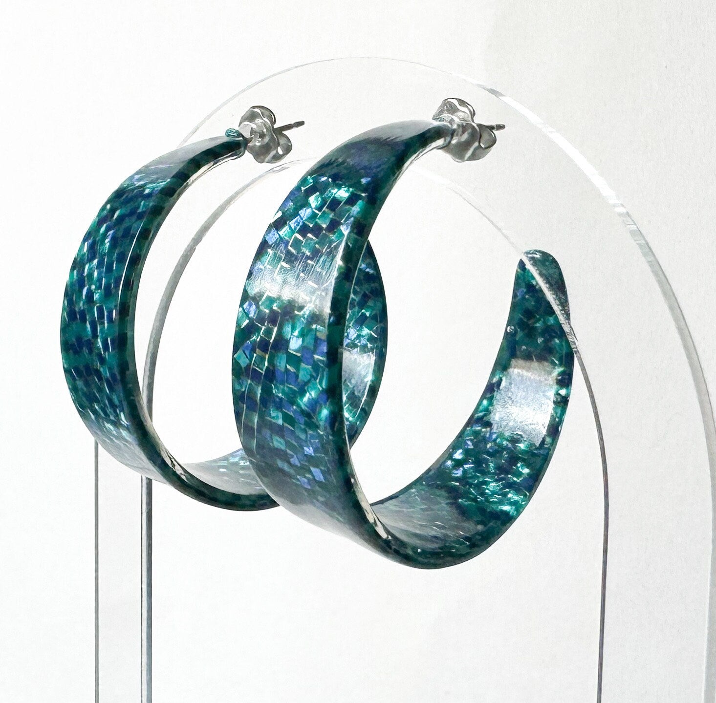 Metallic Teal Mosaic Tapered Hoop Earring Italian Cellulose Acetate Hoop |Handmade in the USA| Lucite Statement Hoop Resin Hoop acrylic hoop