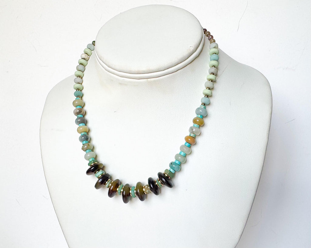 Beaded Necklace Made Handmade From Tortoise Shell, Agate, Amazonite, and Turquoise Beads with Gold Spacers Handmade in NYC Limited Edition