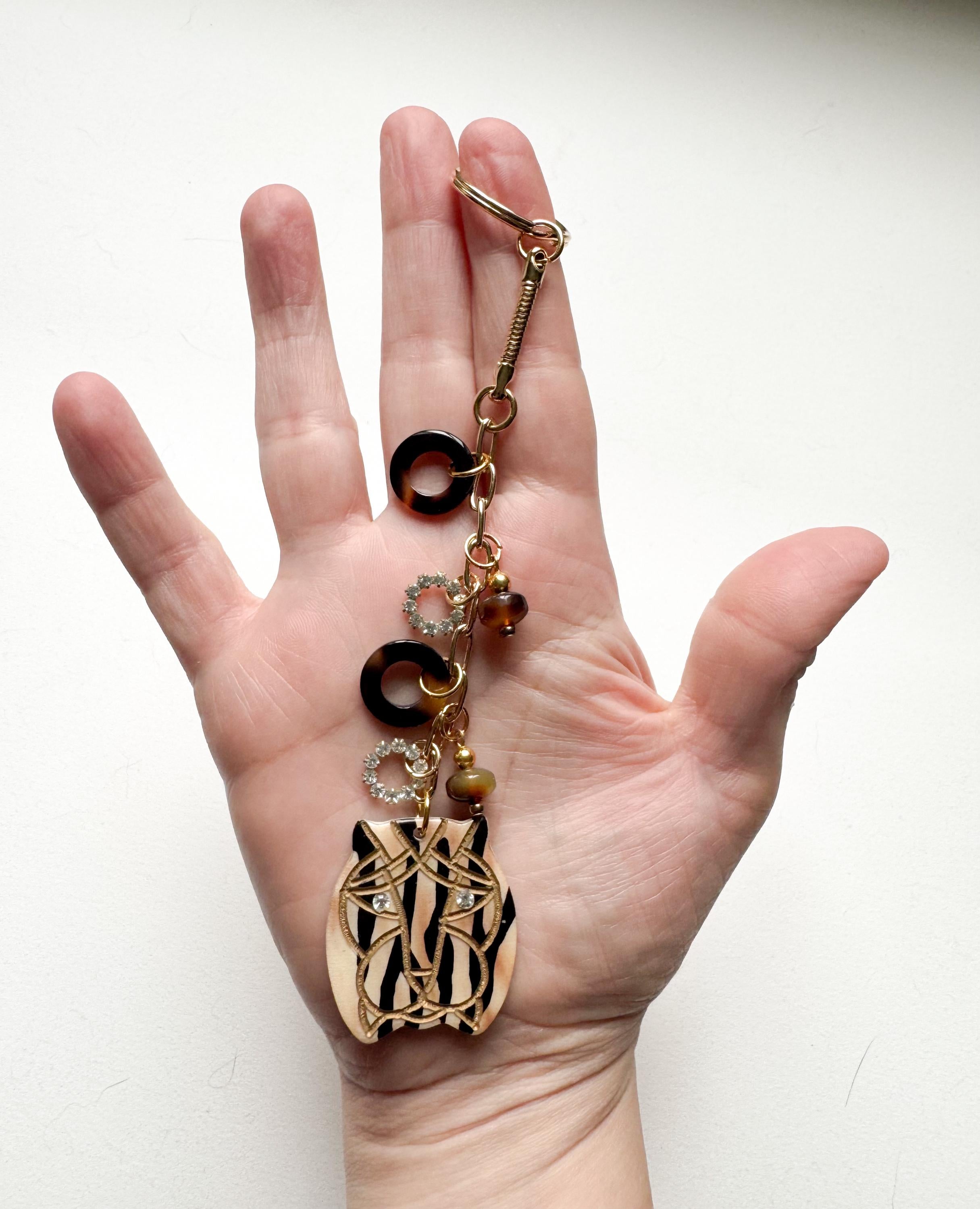Jungle Cat Bag Charm. Handmade From Vintage Cellulose Acetate Buttons and Findings Animal Print and Tortoise Shell Bag Charm Acrylic Keyring