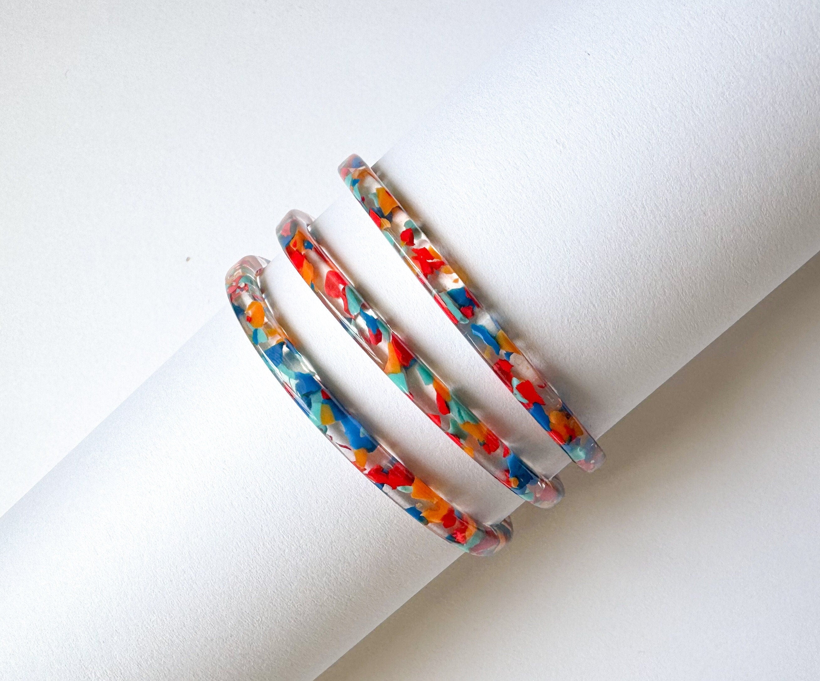 Set of Three Skinny Stacking Bangle Bracelets in Red Confetti Vintage Italian Cellulose Acetate | Handmade in the USA|