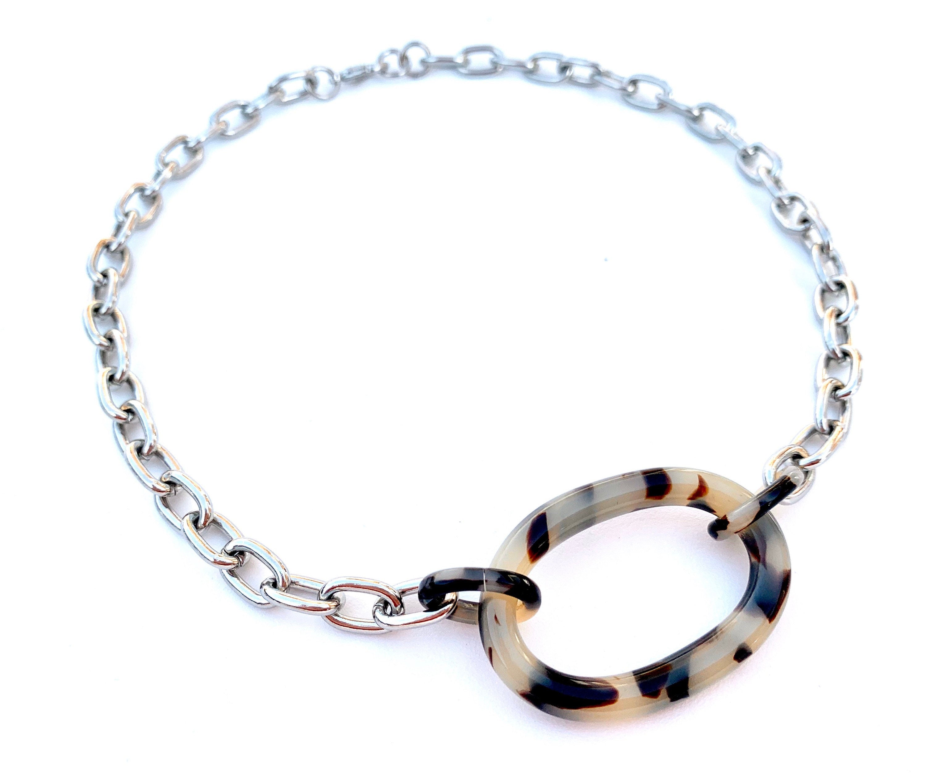 Blonde Tortoise Shell and Metal Choker Length Chunky Chain | Repurposed from Italian Cellulose Acetate Links | Made in USA | Free Shipping