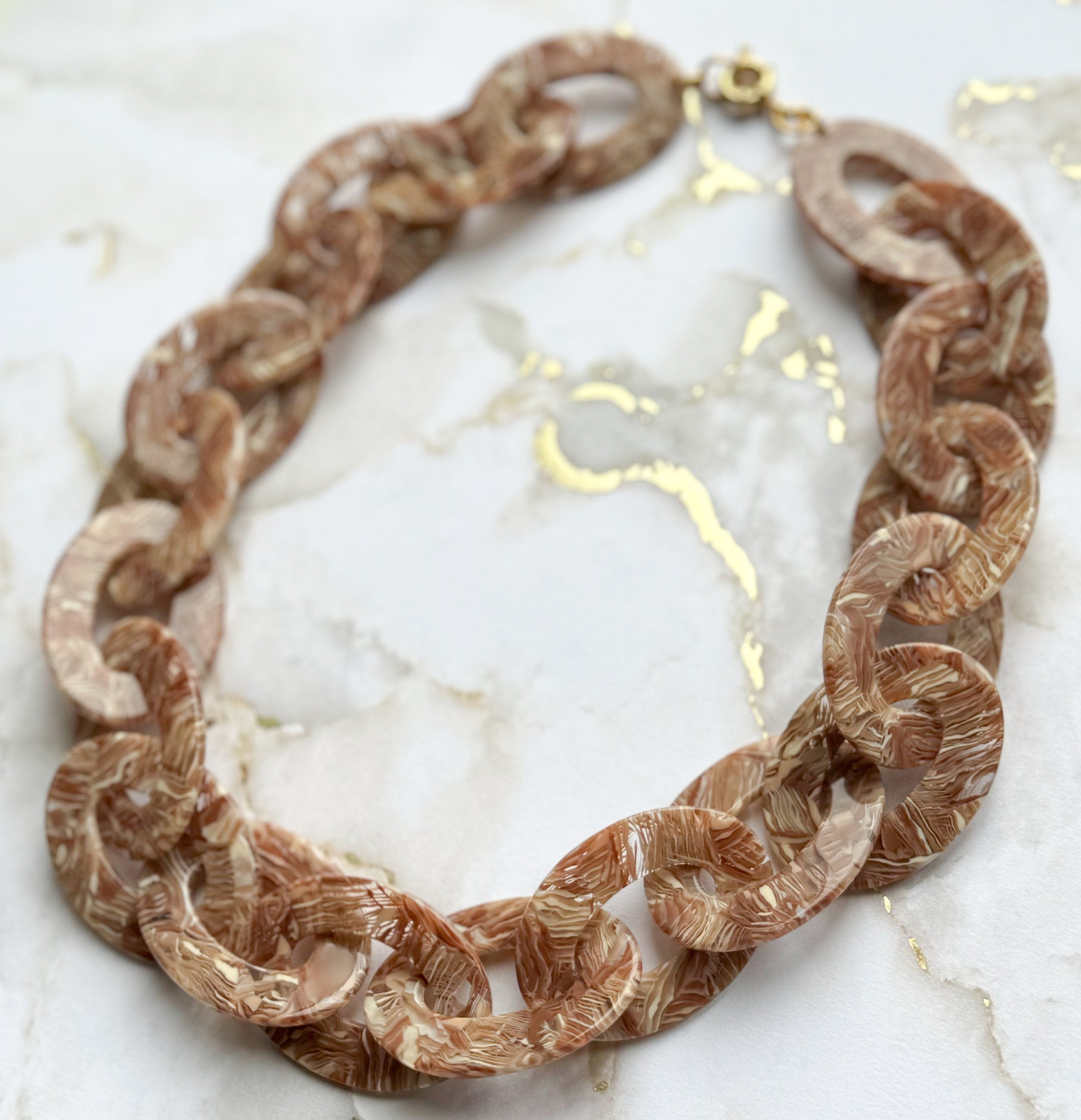21" Chunky Chain Necklace Made Out of Rare Vintage 1970s Italian Cellulose Acetate in Neutral Pattern | Made in USA