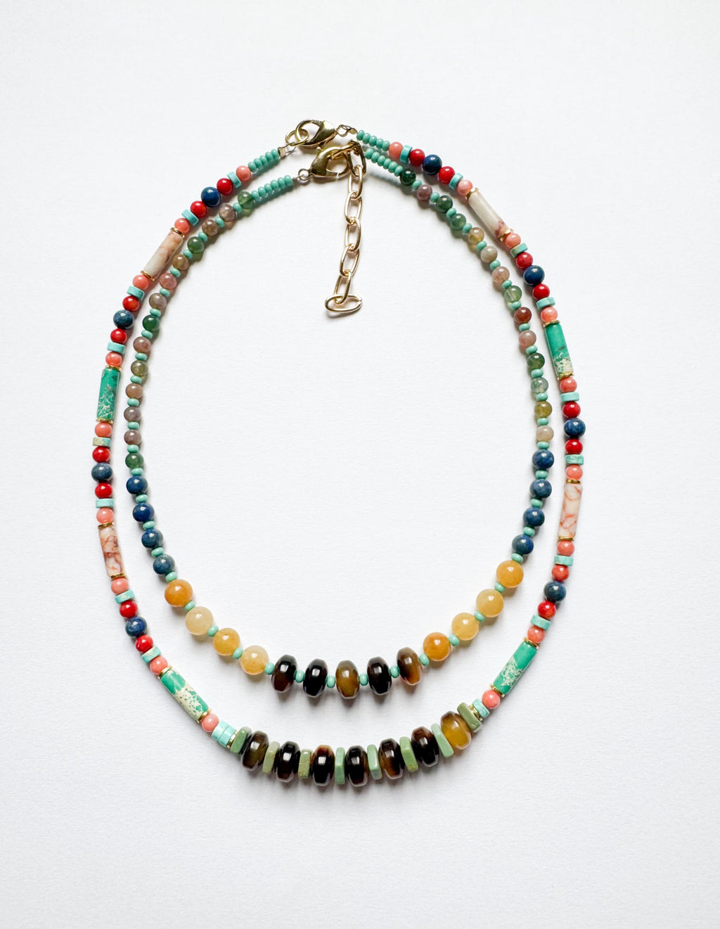 Beaded Choker Necklace Handmade From Tortoise Shell, Turquoise, Lapis, Agate, and Jade Beads With 2" Extender Beaded Gemstone Necklace
