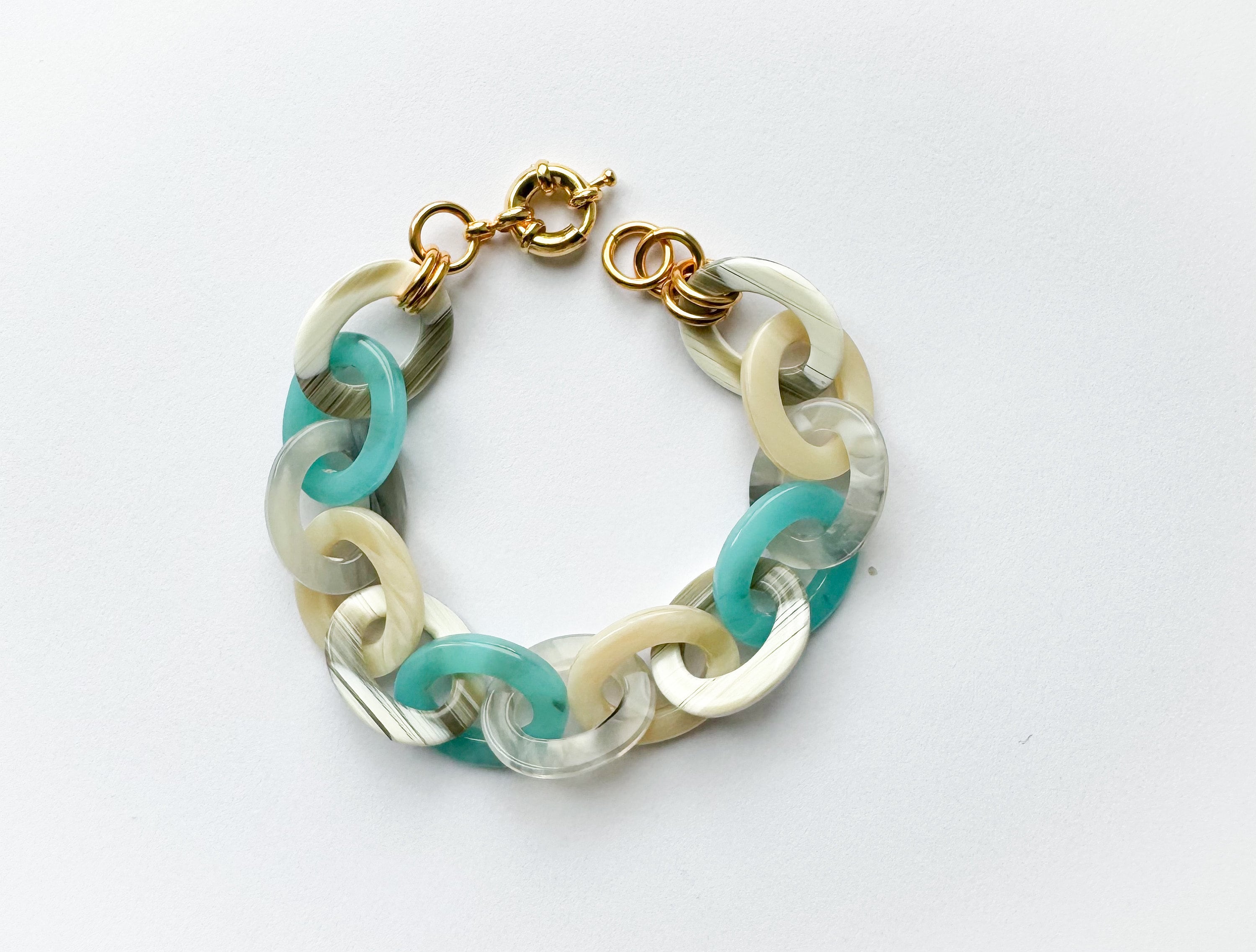 Turquoise and Faux Horn Cellulose Acetate Link Chain Bracelet |Handmade in the USA|
