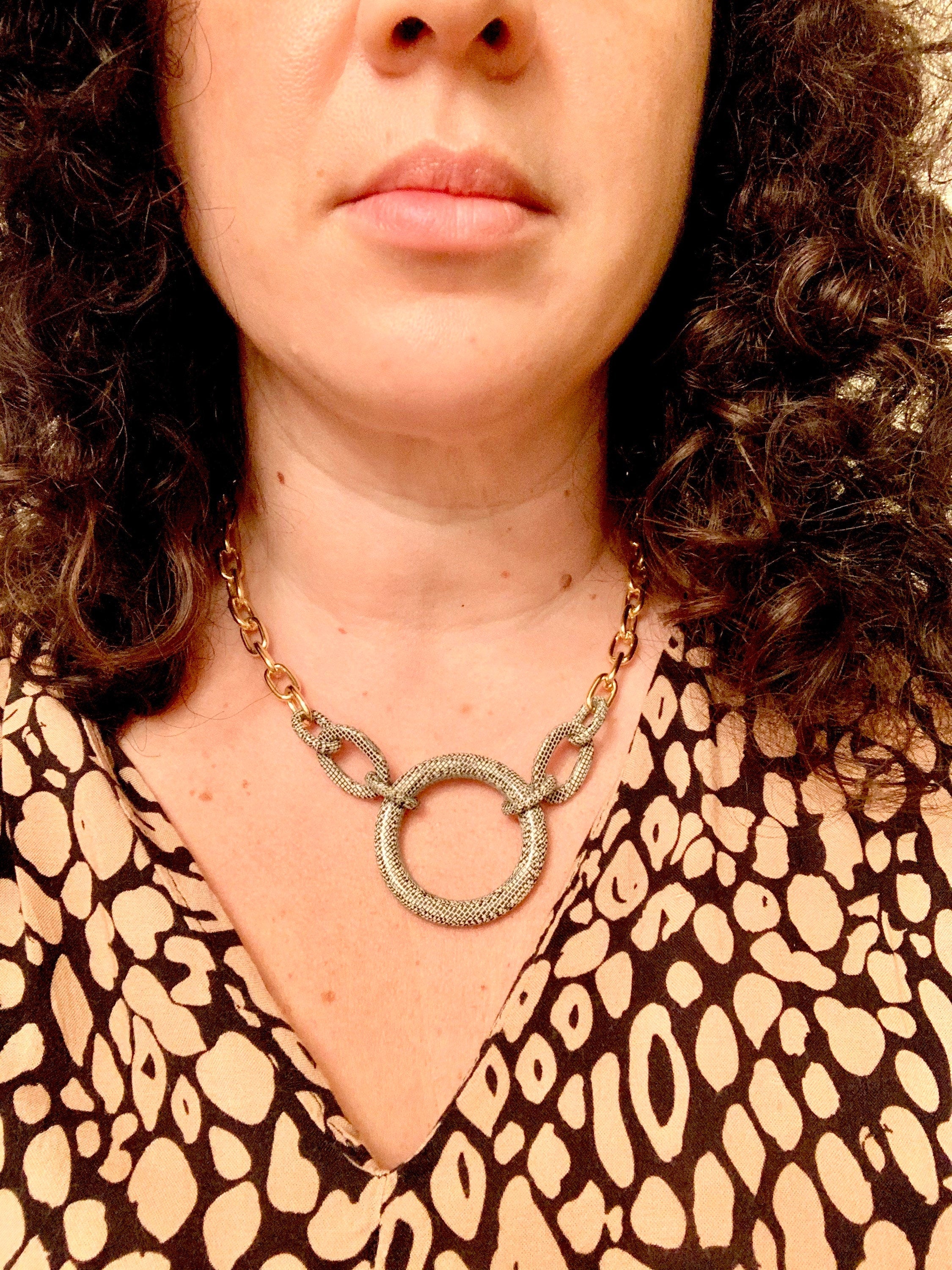 18"  Chunky Gold Choker Chain with Vintage Grey Serpentine Italian Cellulose Acetate Rings on  |Handmade in the USA|