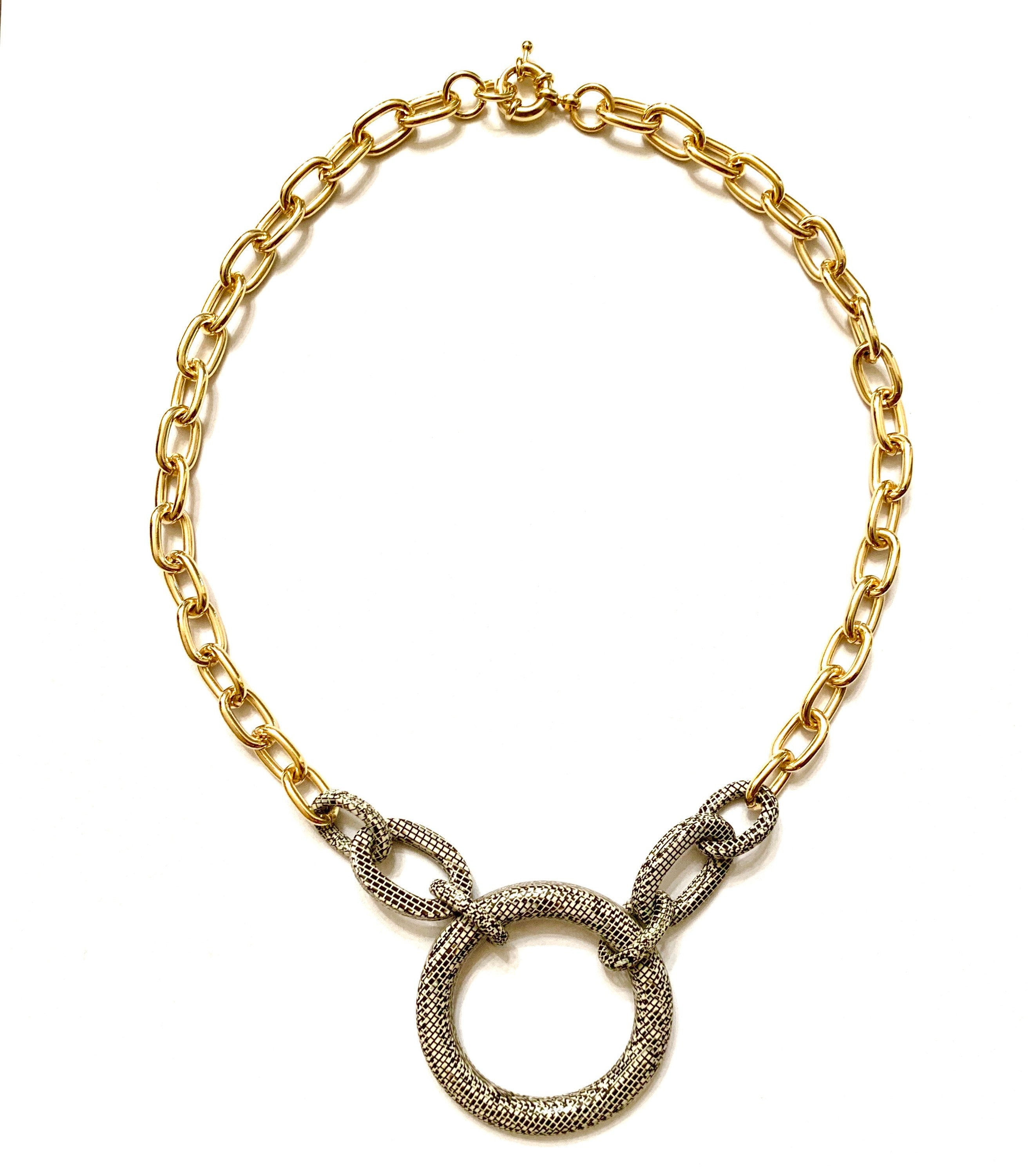 18"  Chunky Gold Choker Chain with Vintage Grey Serpentine Italian Cellulose Acetate Rings on  |Handmade in the USA|