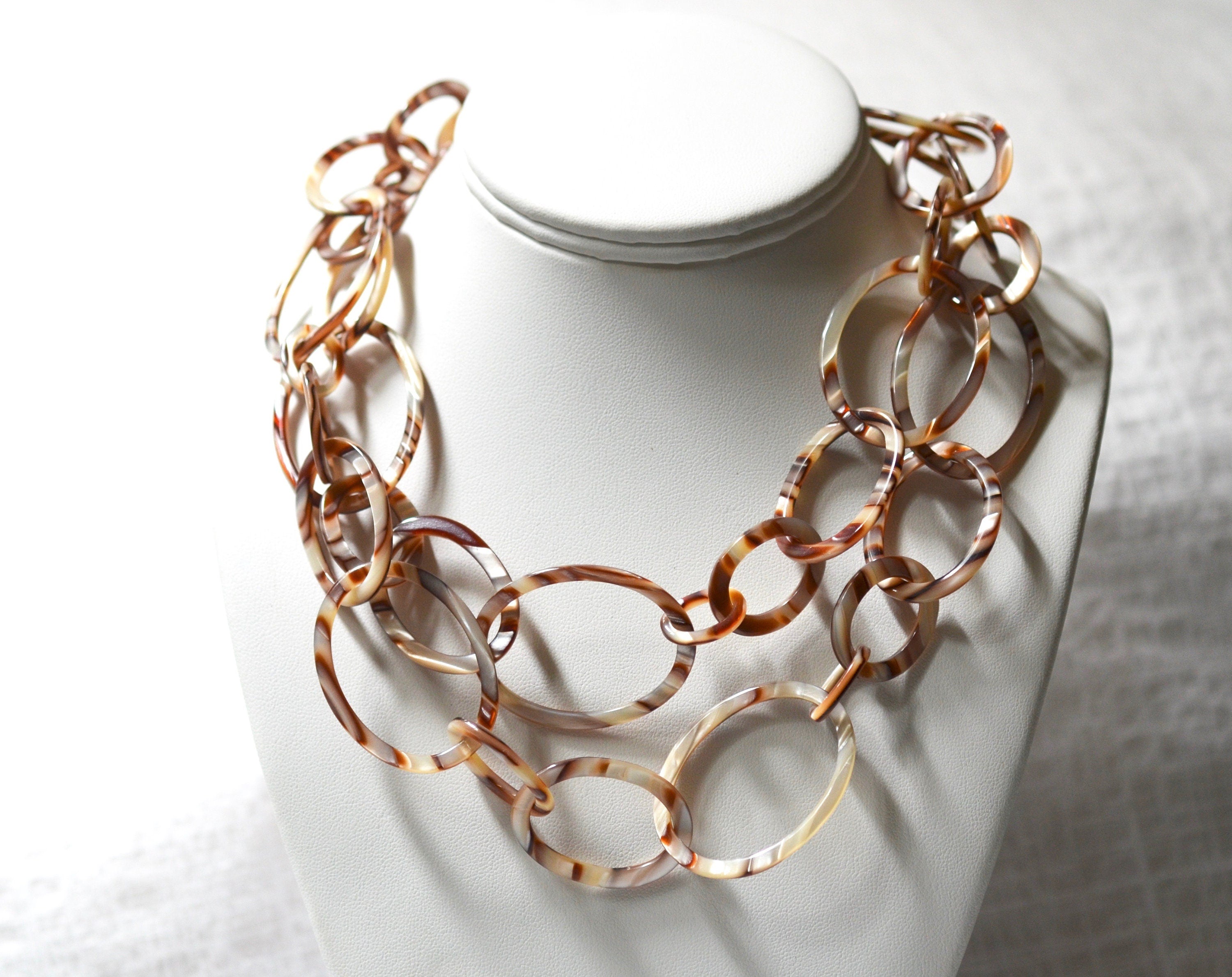 38" Alabaster Faux Tortoise Graduating Links Chain Made From Vintage Italian Cellulose Acetate |Handmade in the USA|