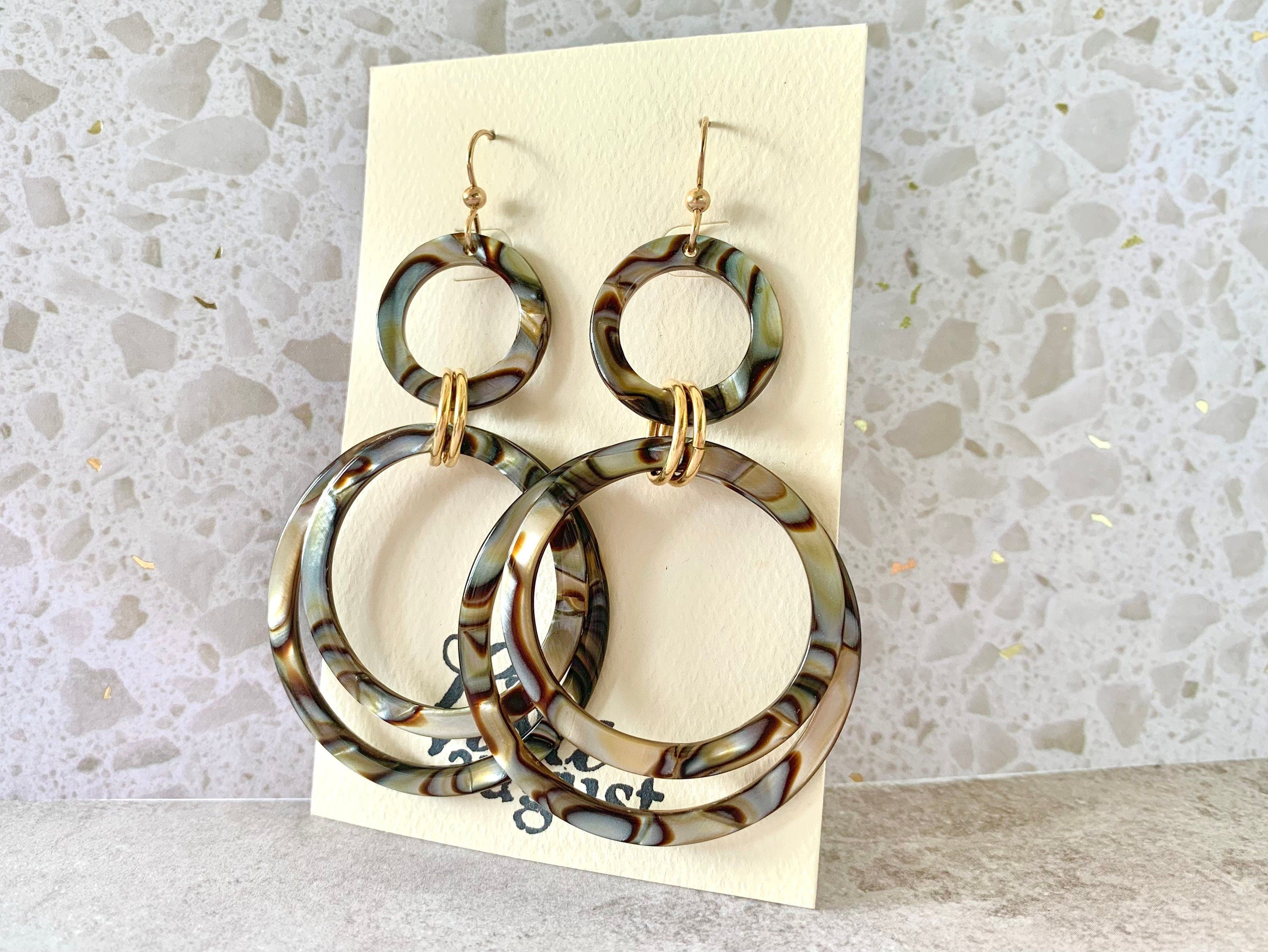 Circle Drop Earring Handmade Italian Cellulose Acetate Metallic Tortoise Statement Earring Acrylic Drop Earring
