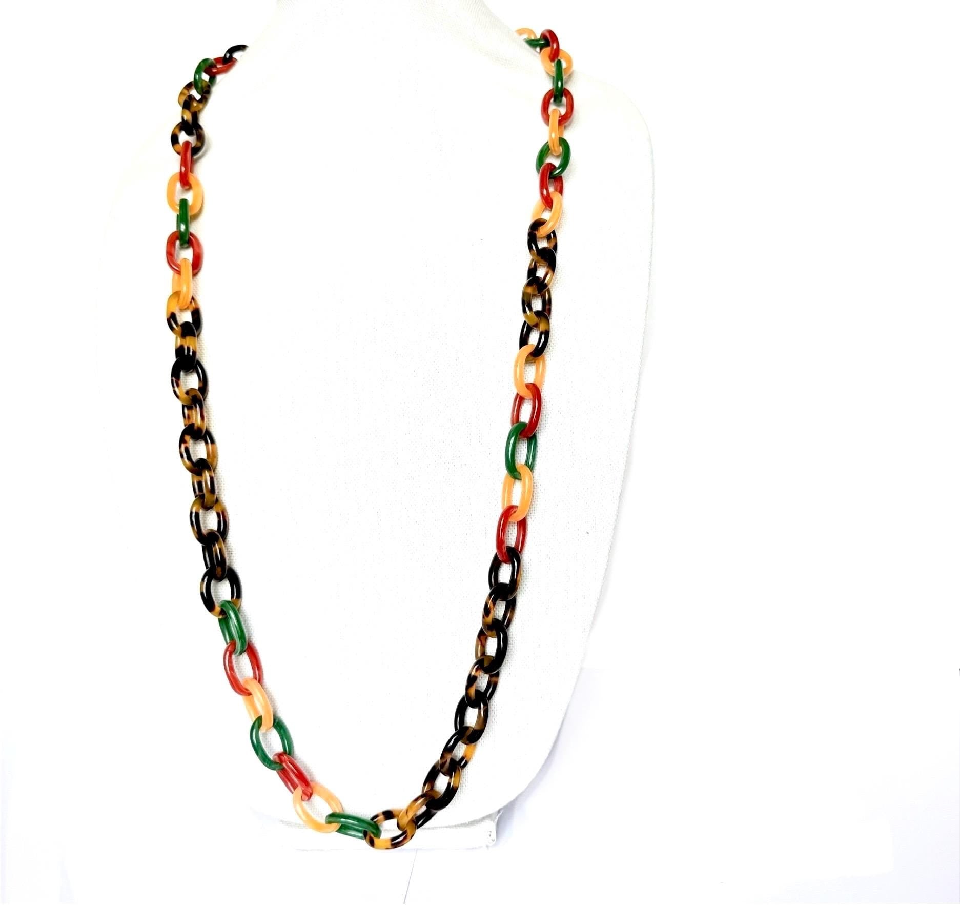 Tortoise Shell  Chunky Chain Necklace With Bakelite Inspired Accents Handmade From Italian Cellulose Acetate Tortoise Shell Resin Chain