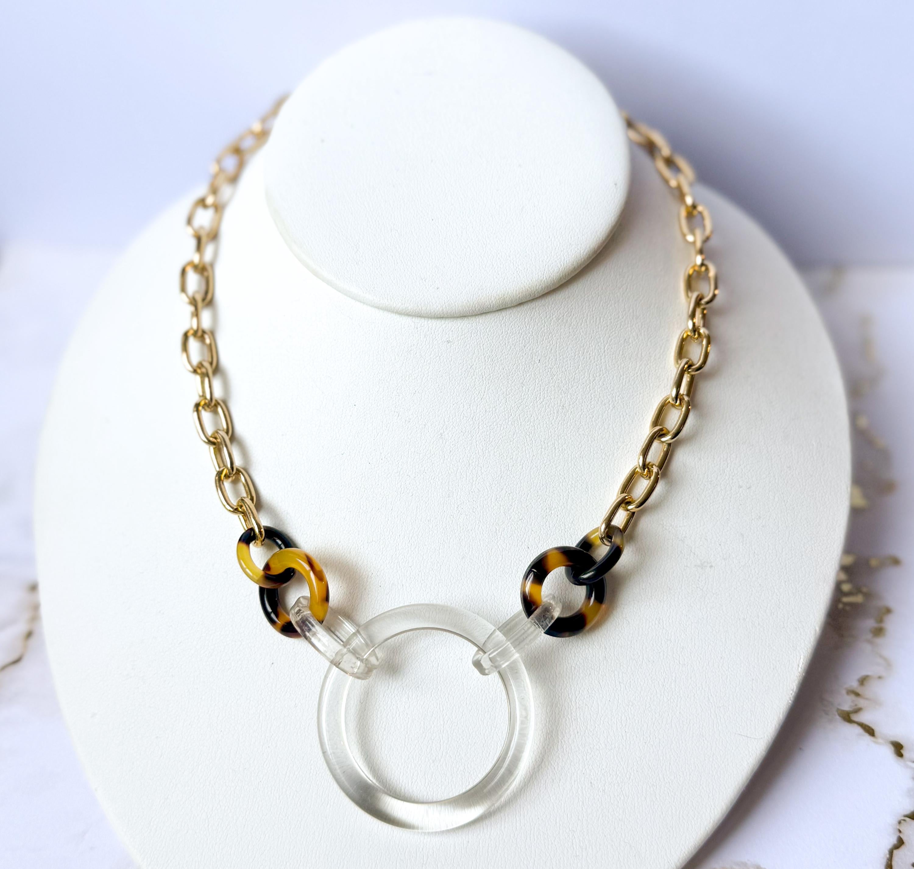Tortoise Shell and Clear Choker Length Chunky Chain |Vintage Italian Cellulose Acetate | Made in USA | Free Shipping| Transparent Jewelry