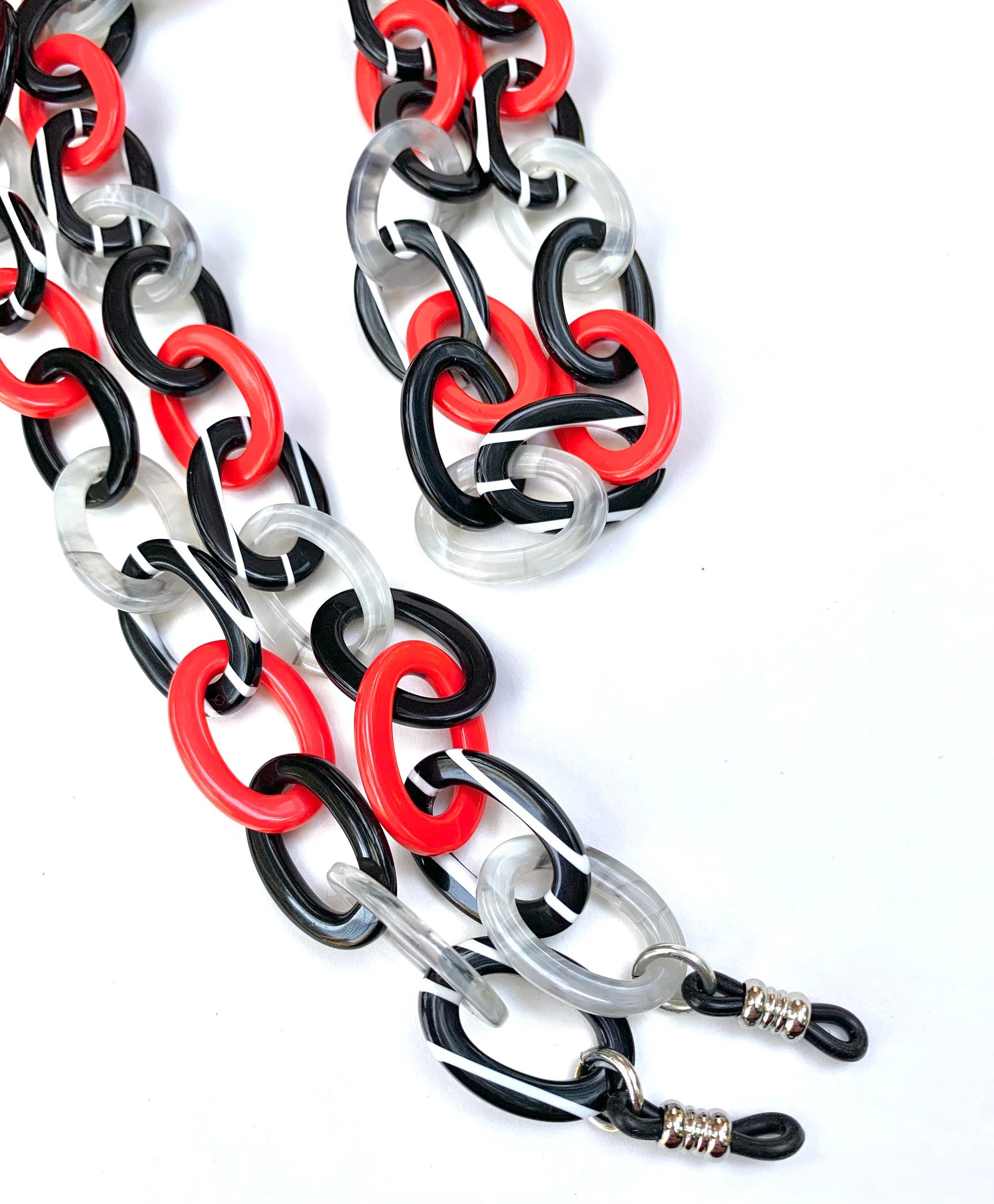 Black, White, Gray and Red Glasses Holder / Sunglass Chain Handmade from  Vintage Italian Cellulose Acetate