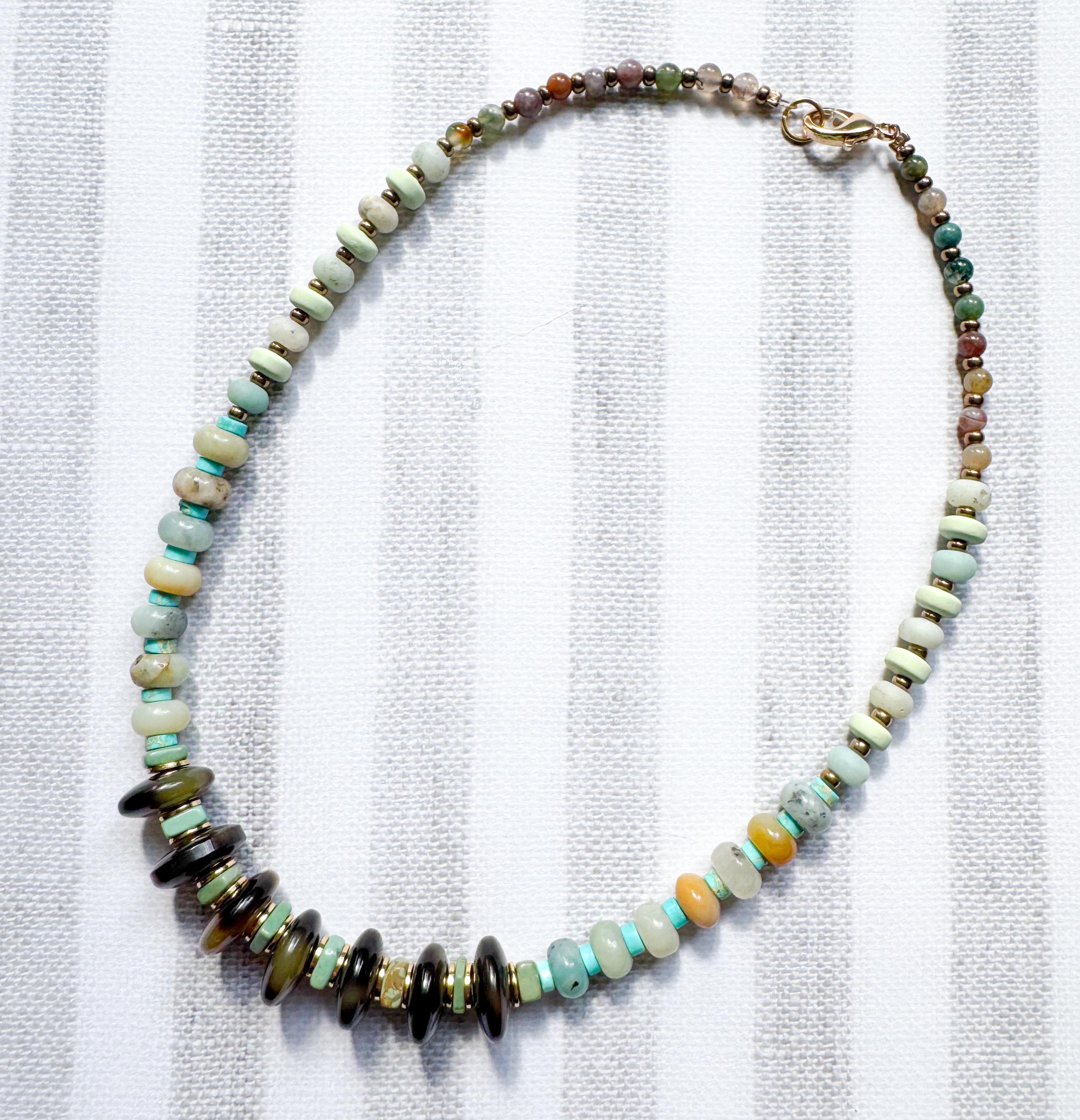 Beaded Necklace Made Handmade From Tortoise Shell, Agate, Amazonite, and Turquoise Beads with Gold Spacers Handmade in NYC Limited Edition