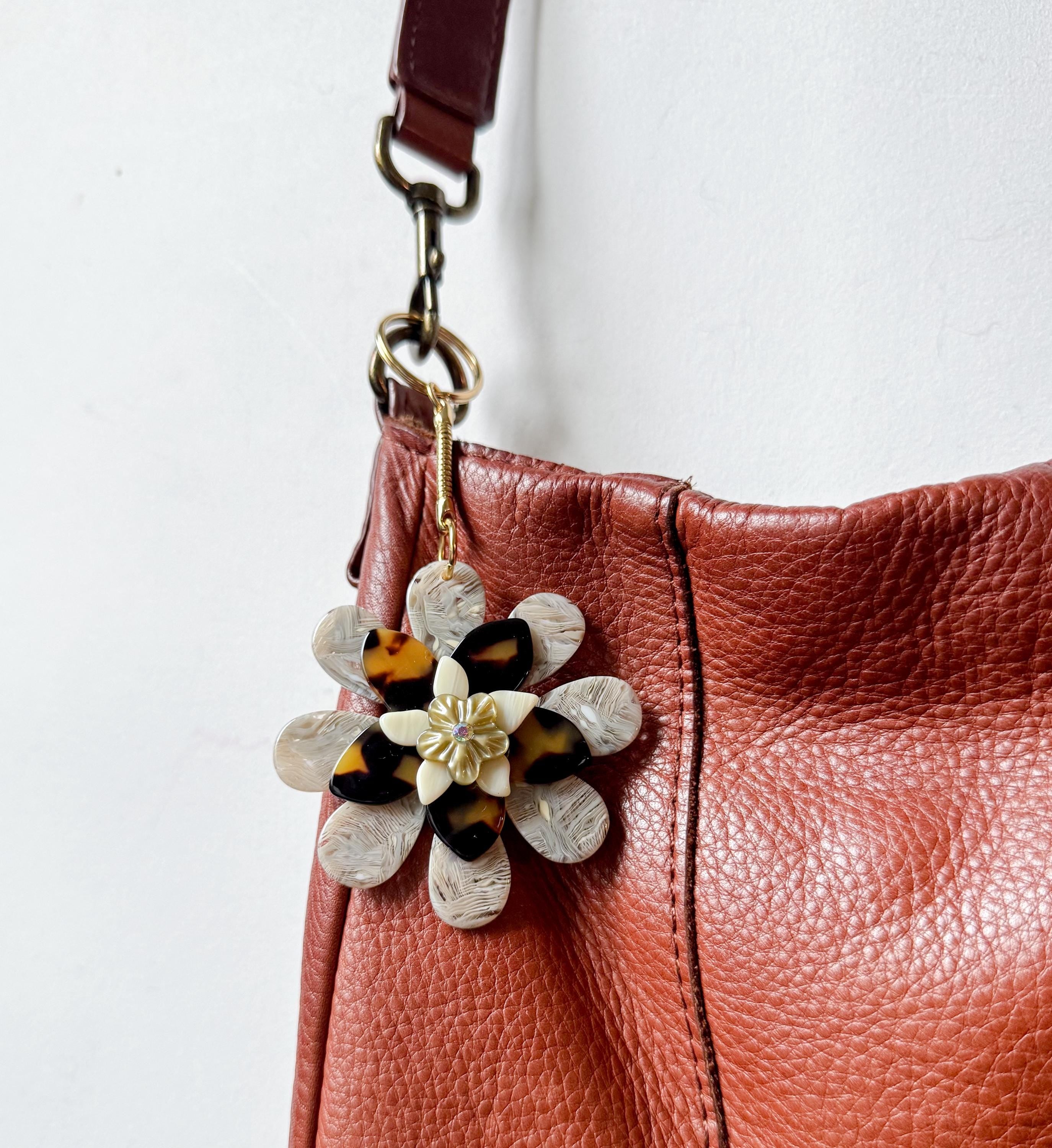 Flower Bag Charm Layered Floral Keychain Tortoise Shell Flower Keychain Charm Floral Bag Bling Handmade