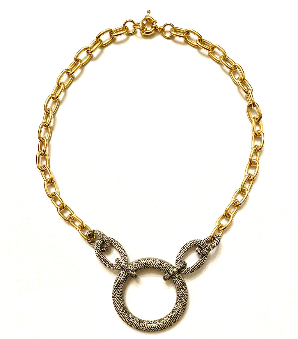 18"  Chunky Gold Choker Chain with Vintage Grey Serpentine Italian Cellulose Acetate Rings on  |Handmade in the USA|