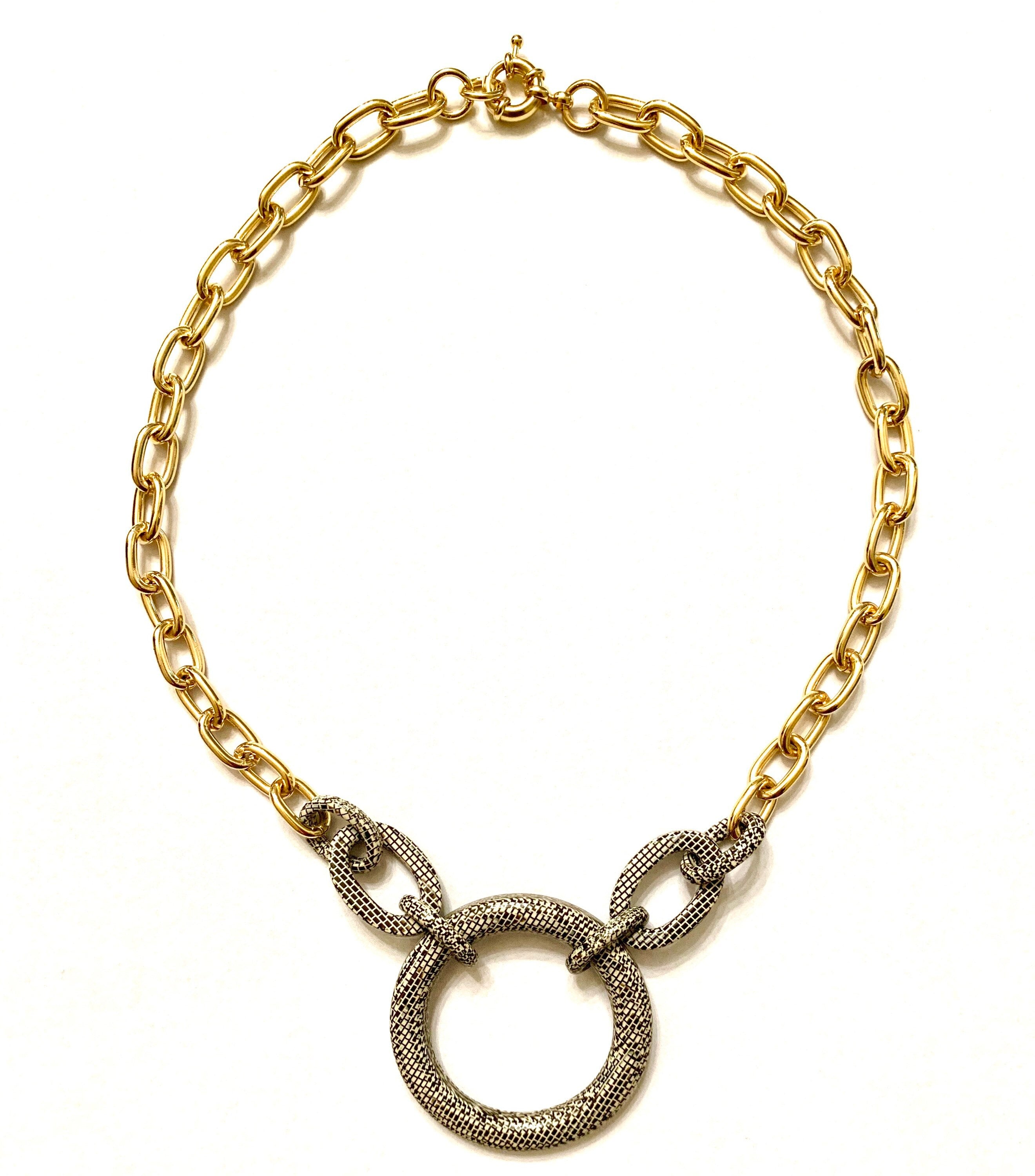 18"  Chunky Gold Choker Chain with Vintage Grey Serpentine Italian Cellulose Acetate Rings on  |Handmade in the USA|