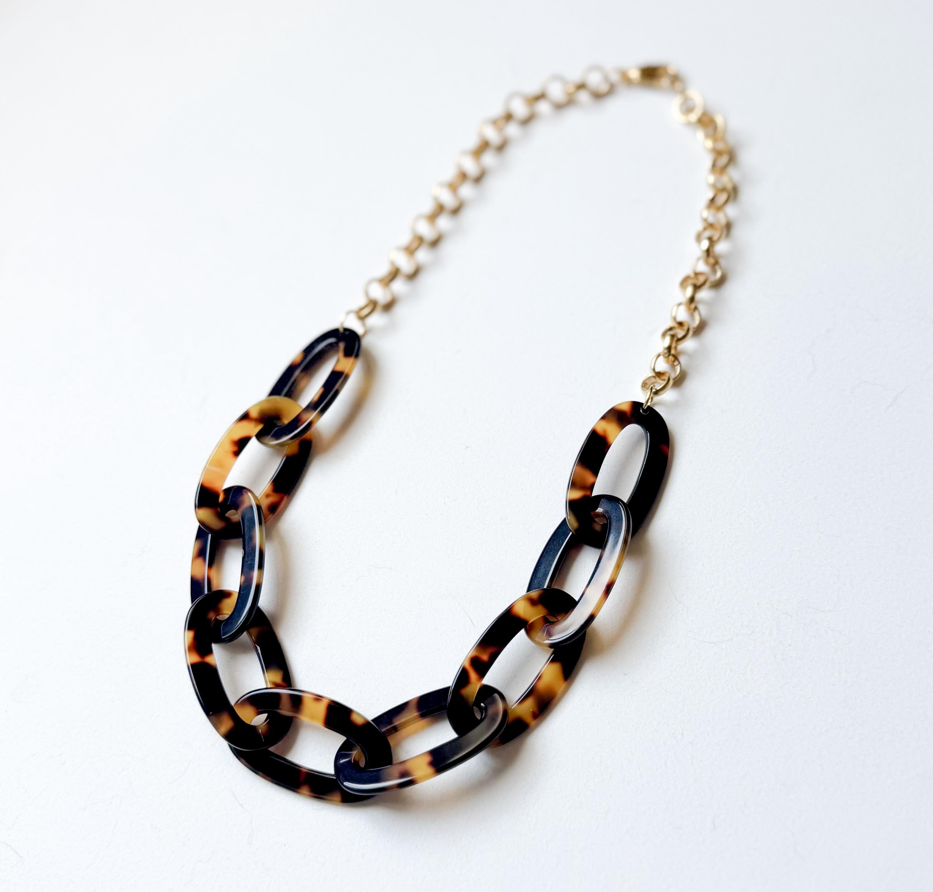 Tortoise Shell Chain Necklace 20" Handmade From Italian Cellulose Acetate and Gold Filled Chain Tortoise Link Necklace Lucite Chain