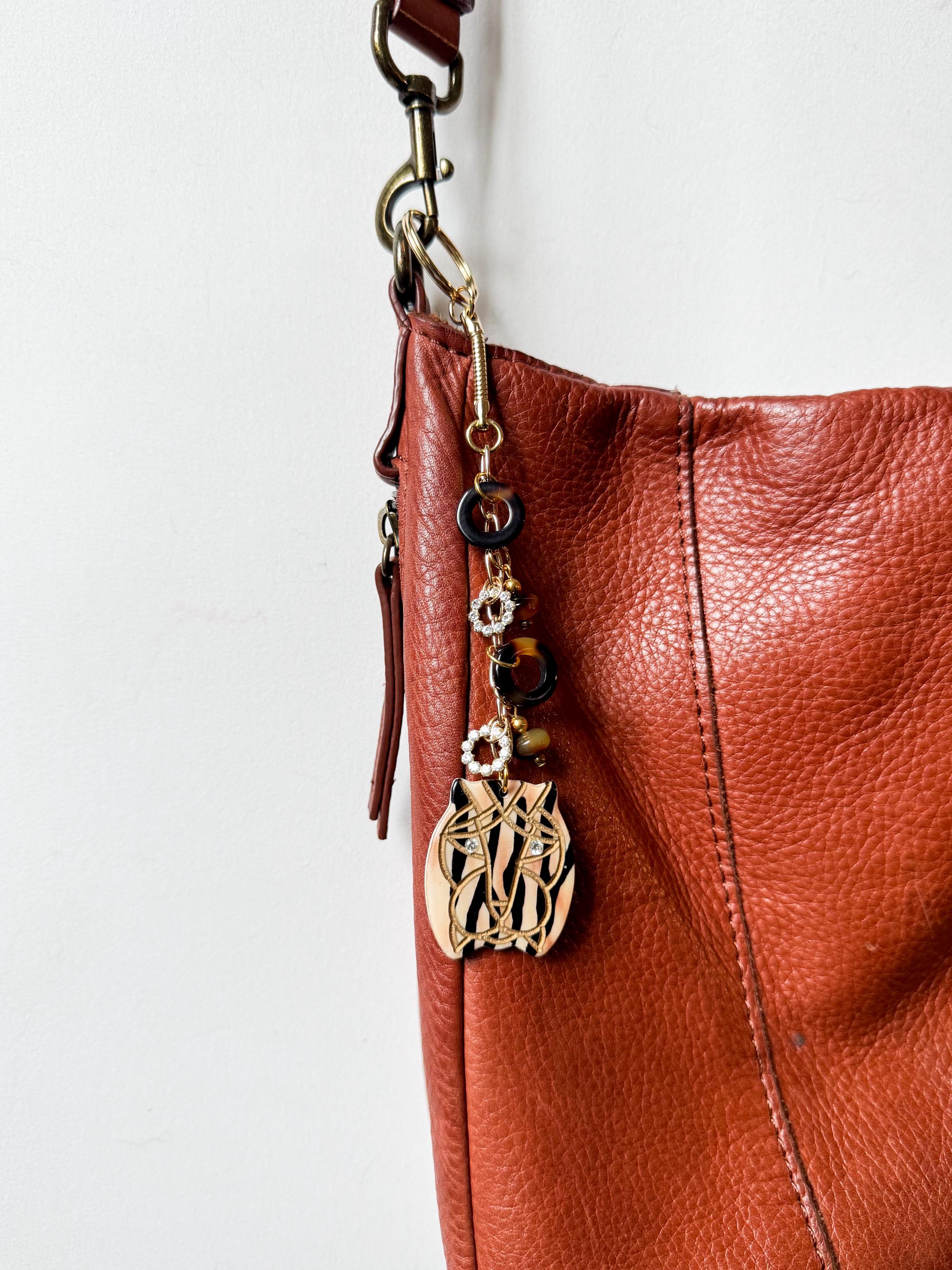 Jungle Cat Bag Charm. Handmade From Vintage Cellulose Acetate Buttons and Findings Animal Print and Tortoise Shell Bag Charm Acrylic Keyring