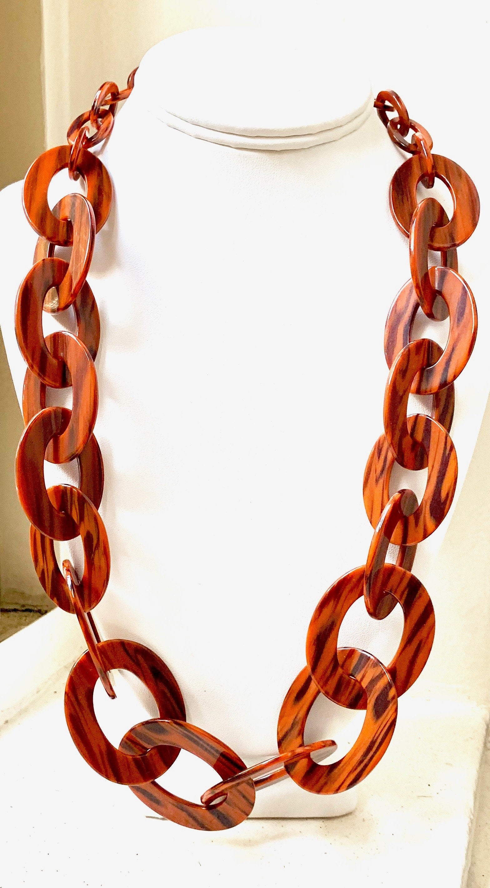 Italian Cellulose Acetate Graduating Links Chain 28" Necklace in Burnt Siena |Spice Colored Chunky Resin Chain| Handmade in the USA|