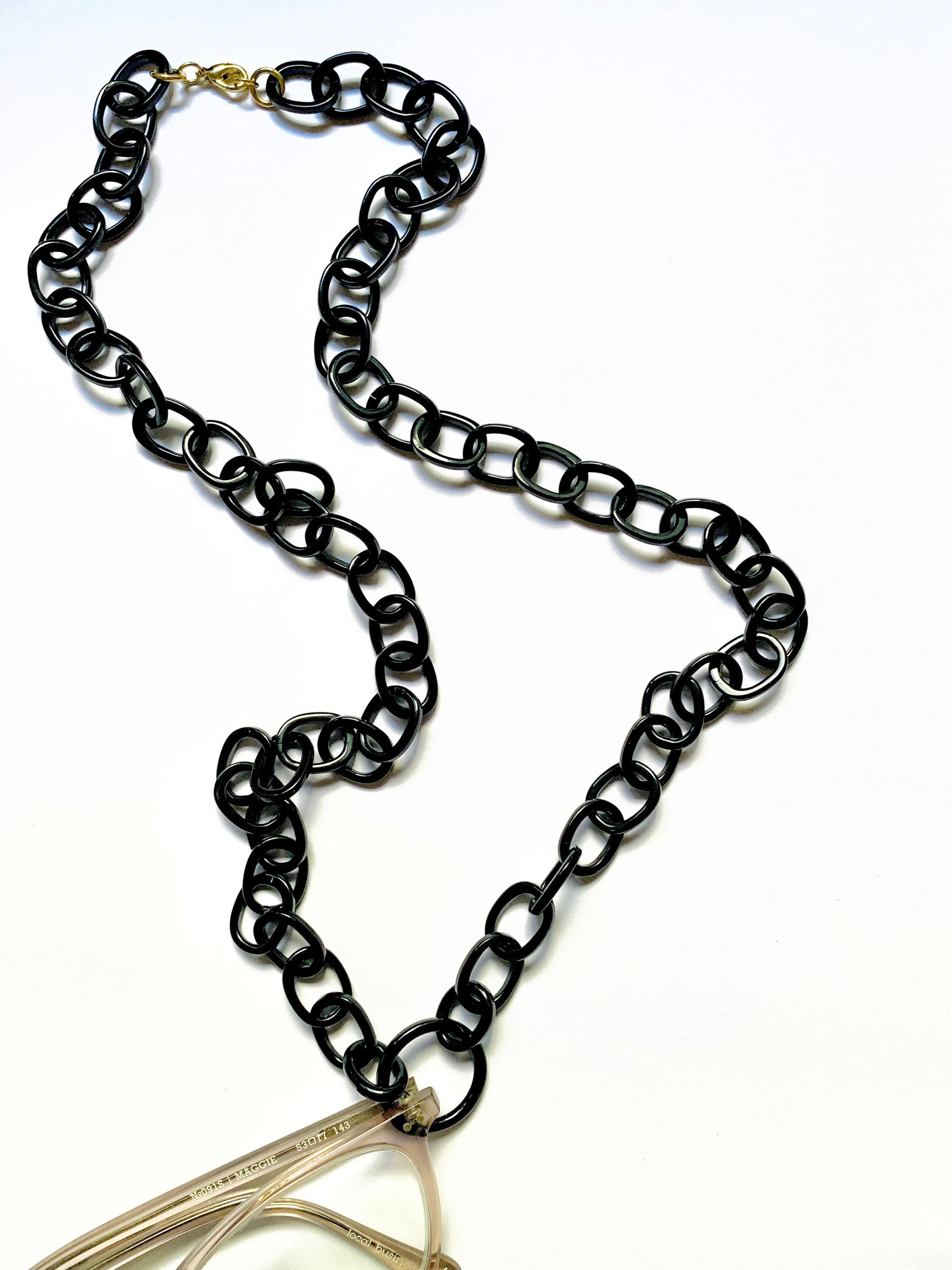 33" Solid Black Glasses Necklaces with 1" Loop| Handmade in NYC From Italian Cellulose Acetate