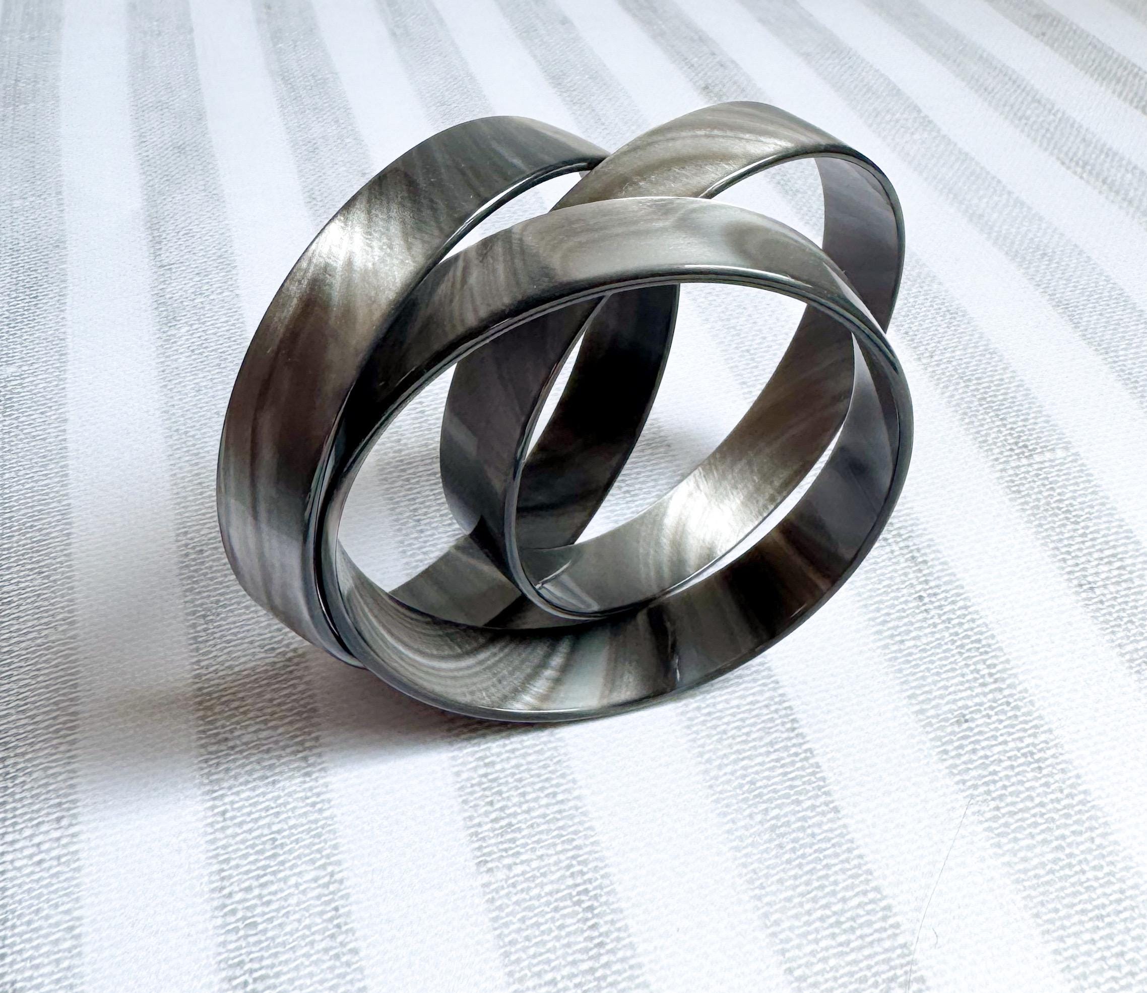 set of Three Silver Hematite Resin Bangle Bracelets Handmade From Italian Cellulose Acetate Vintage Never Worn Metallic Bangles
