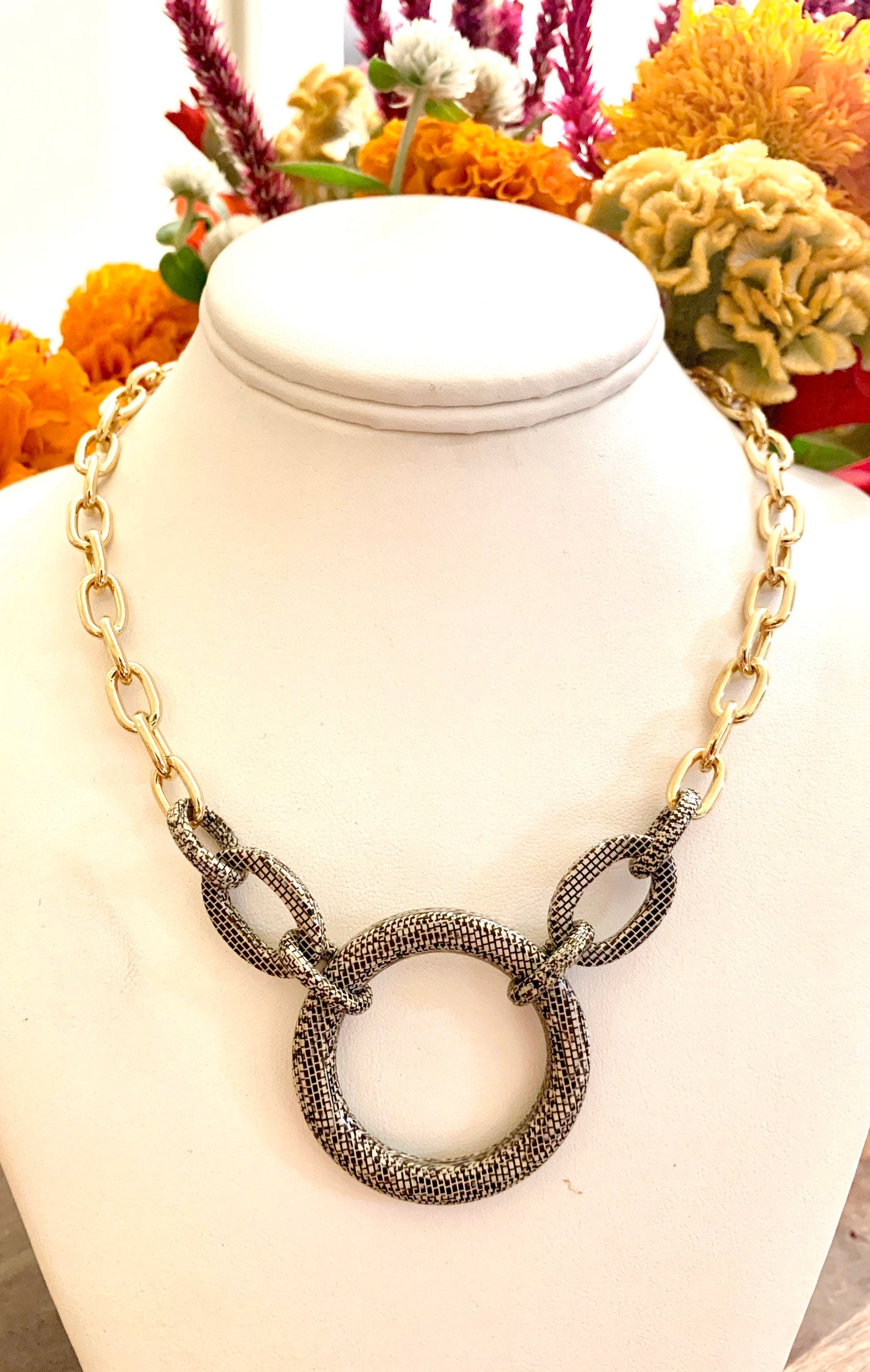 18"  Chunky Gold Choker Chain with Vintage Grey Serpentine Italian Cellulose Acetate Rings on  |Handmade in the USA|
