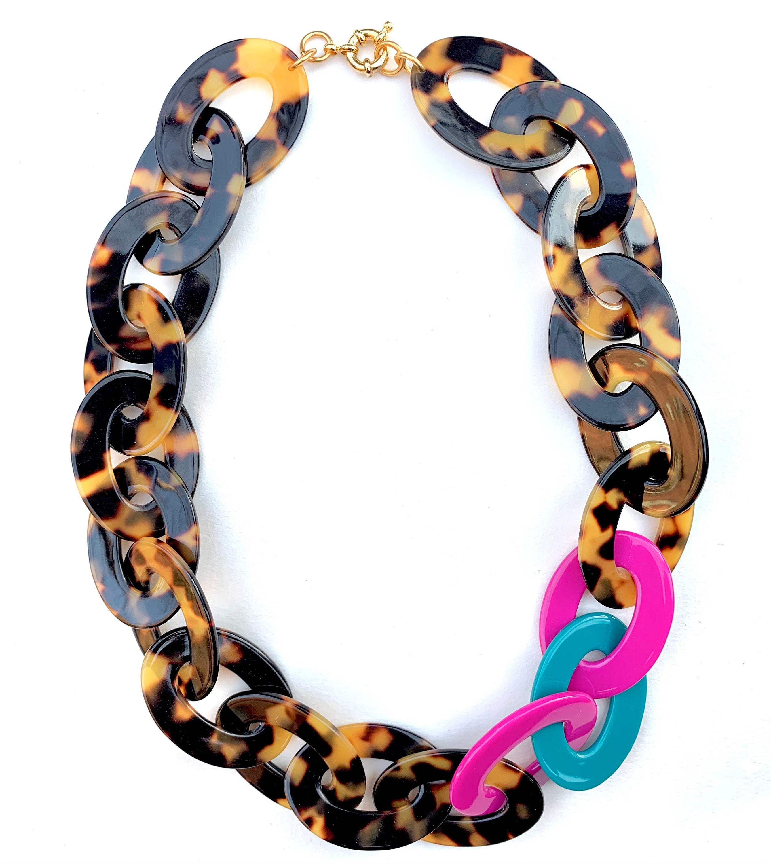 21" Colorful Tortoise Shell Chain With Pops of Magenta and Teal | Handmade in NYC From Italian Cellulose Acetate Chunky Tortoise Chain