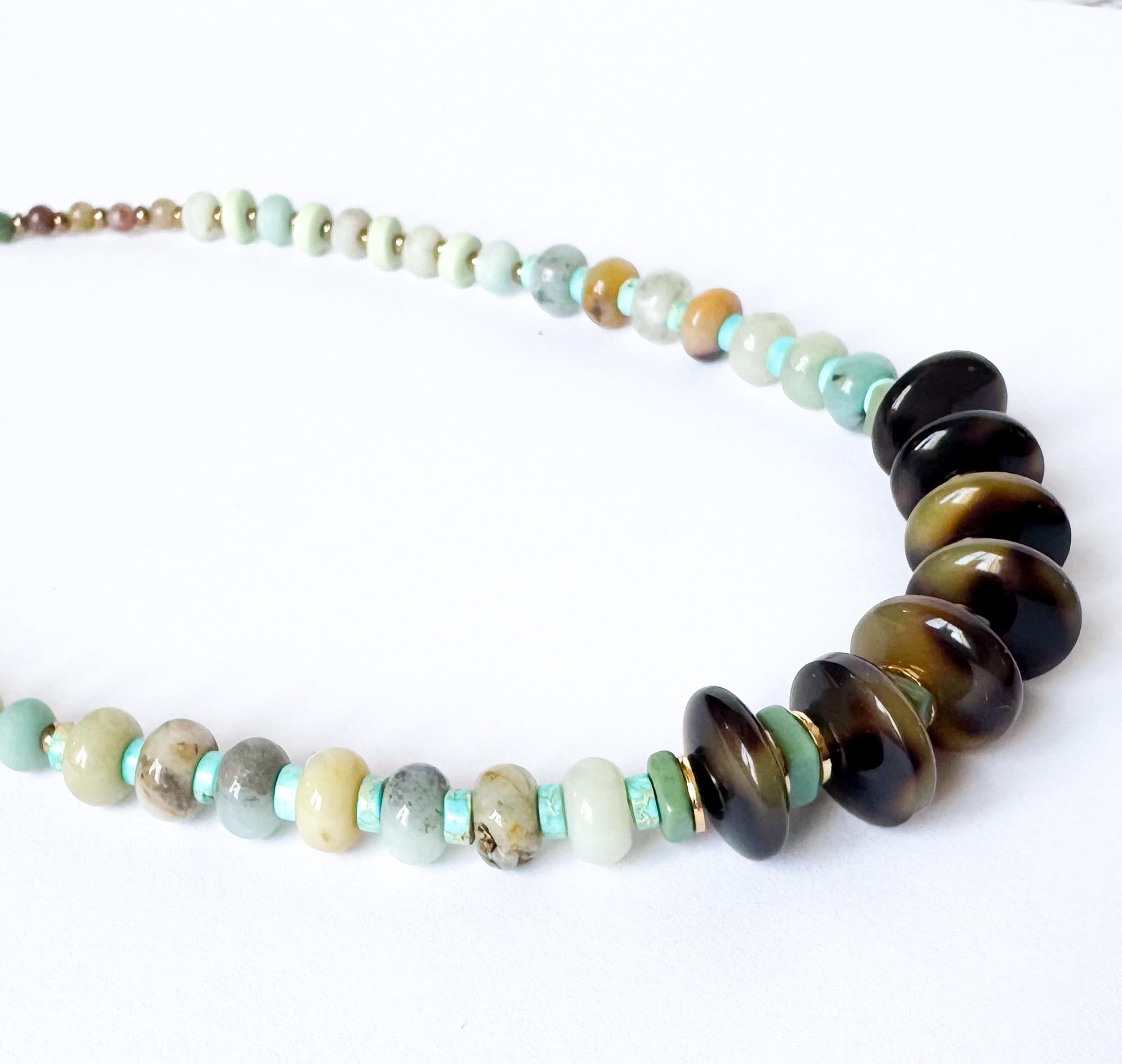 Beaded Necklace Made Handmade From Tortoise Shell, Agate, Amazonite, and Turquoise Beads with Gold Spacers Handmade in NYC Limited Edition