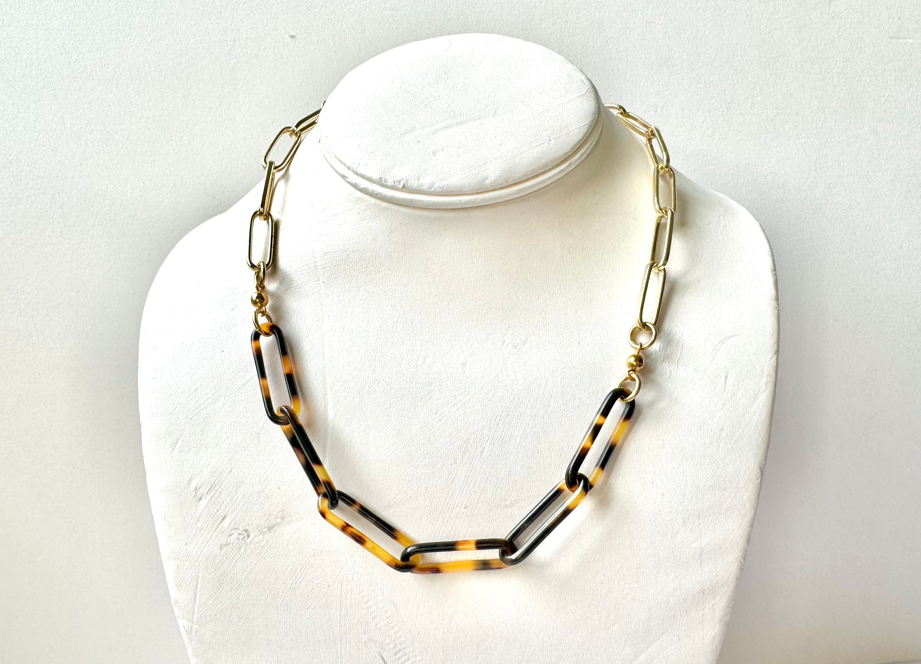 18" Tortoise Shell and Gold Filled Paperclip Chain |Handmade From Italian Cellulose Acetate | Tortoise Shell Necklace Made in USA