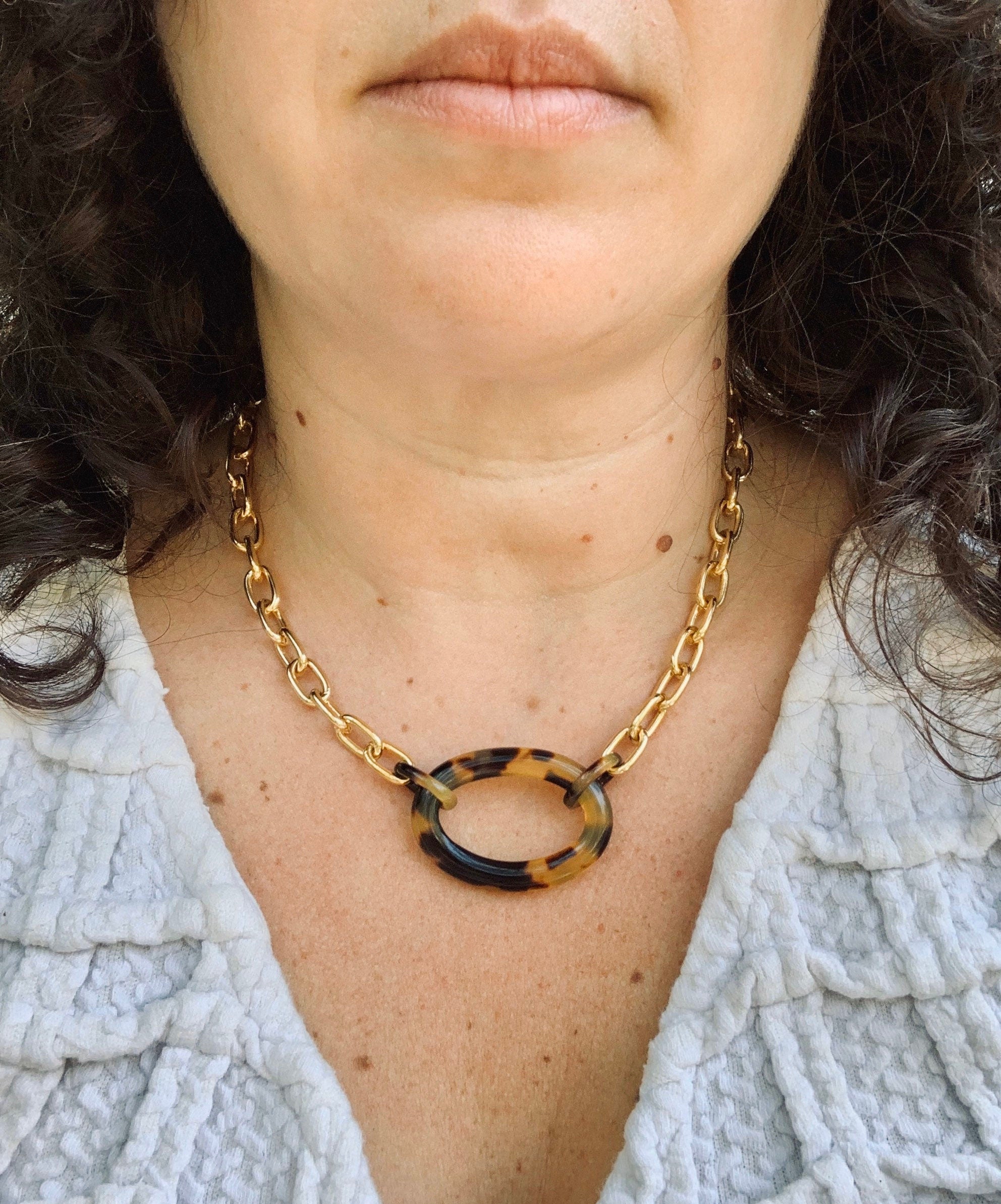 Large Tortoise Shell Link and Gold 17.5" Choker Chain |Repurposed from Vintage Italian Cellulose Acetate Links | Made in USA | Free Shipping