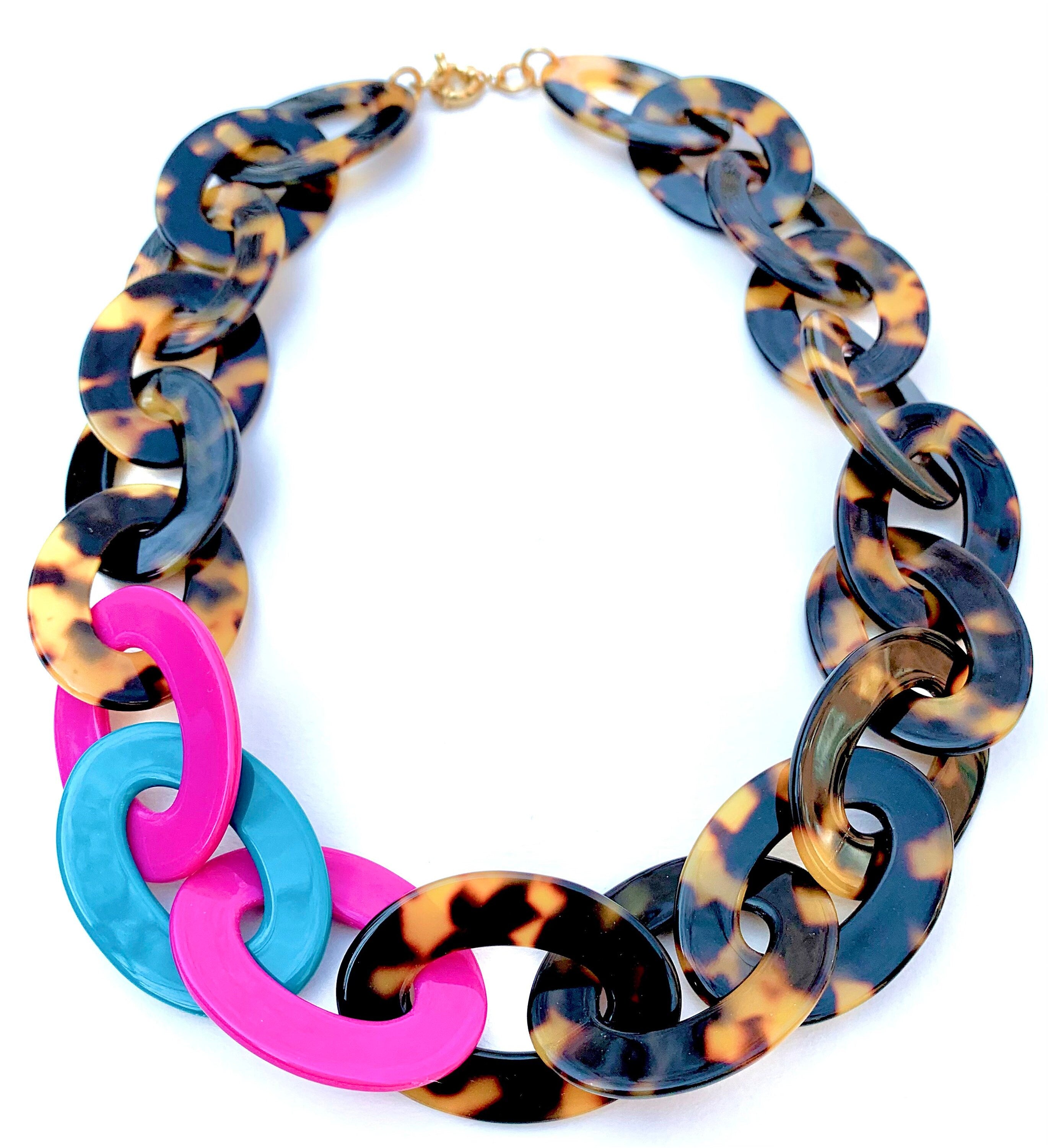 21" Colorful Tortoise Shell Chain With Pops of Magenta and Teal | Handmade in NYC From Italian Cellulose Acetate Chunky Tortoise Chain