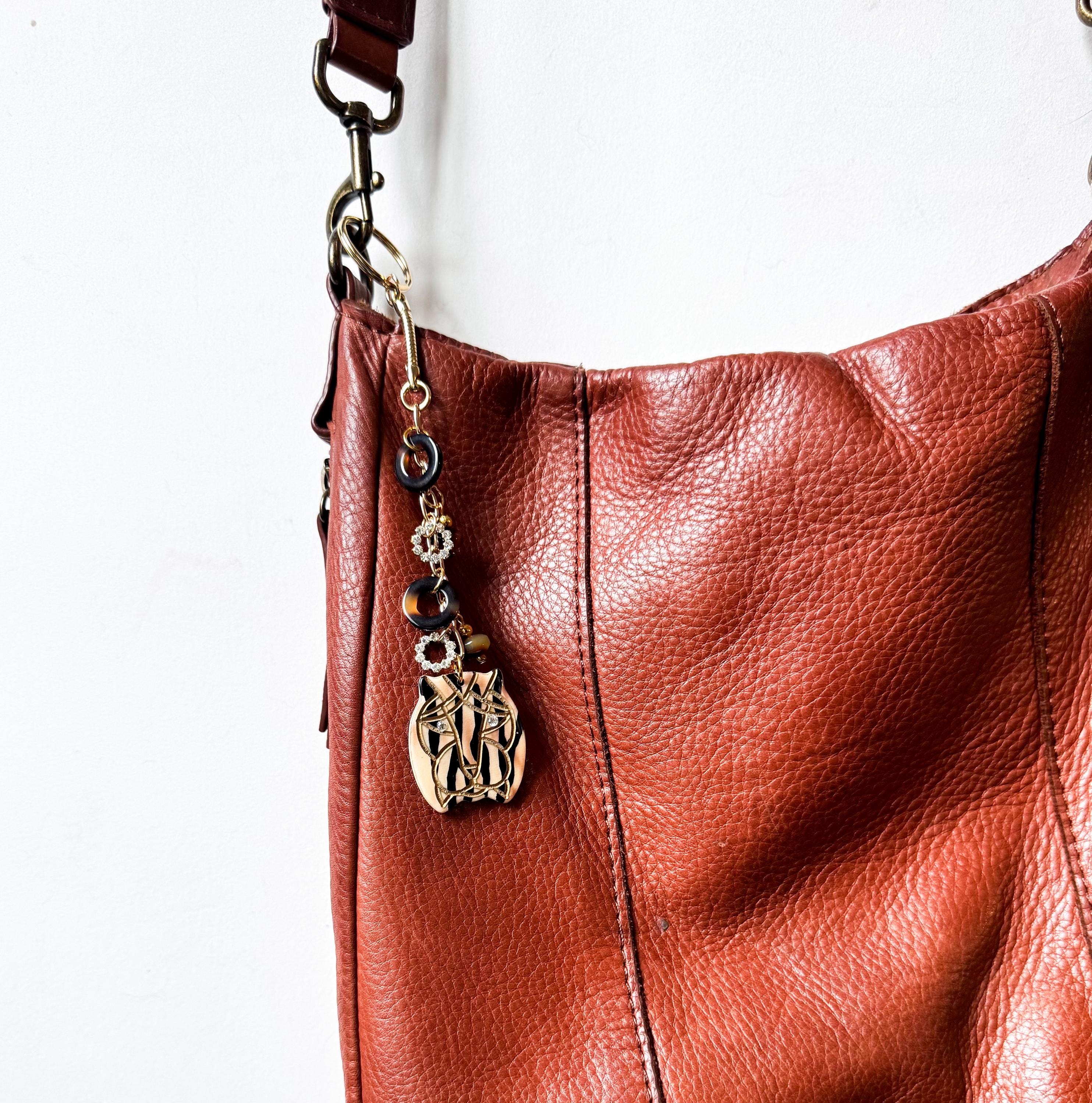 Jungle Cat Bag Charm. Handmade From Vintage Cellulose Acetate Buttons and Findings Animal Print and Tortoise Shell Bag Charm Acrylic Keyring