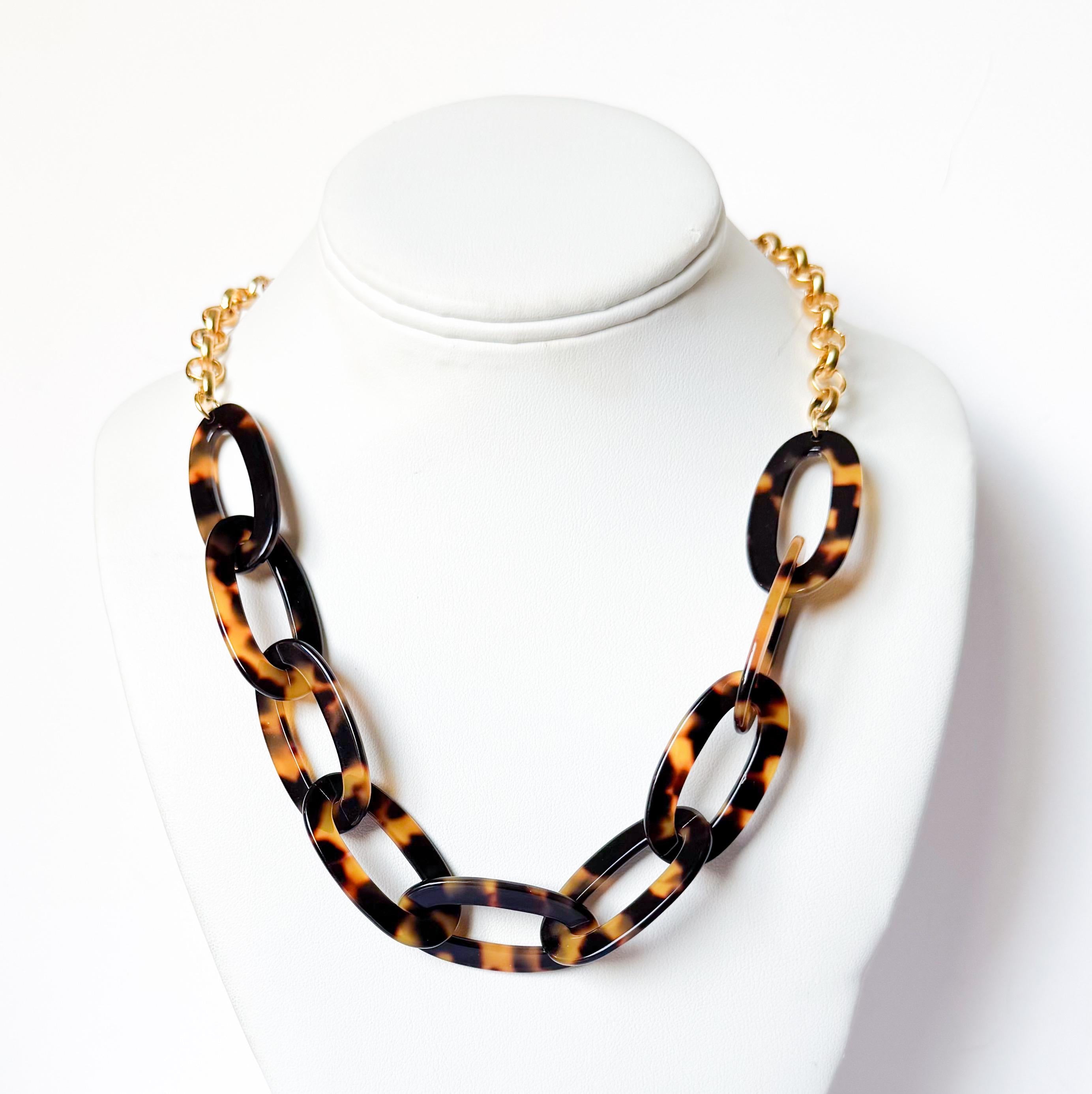 Tortoise Shell Chain Necklace 20" Handmade From Italian Cellulose Acetate and Gold Filled Chain Tortoise Link Necklace Lucite Chain