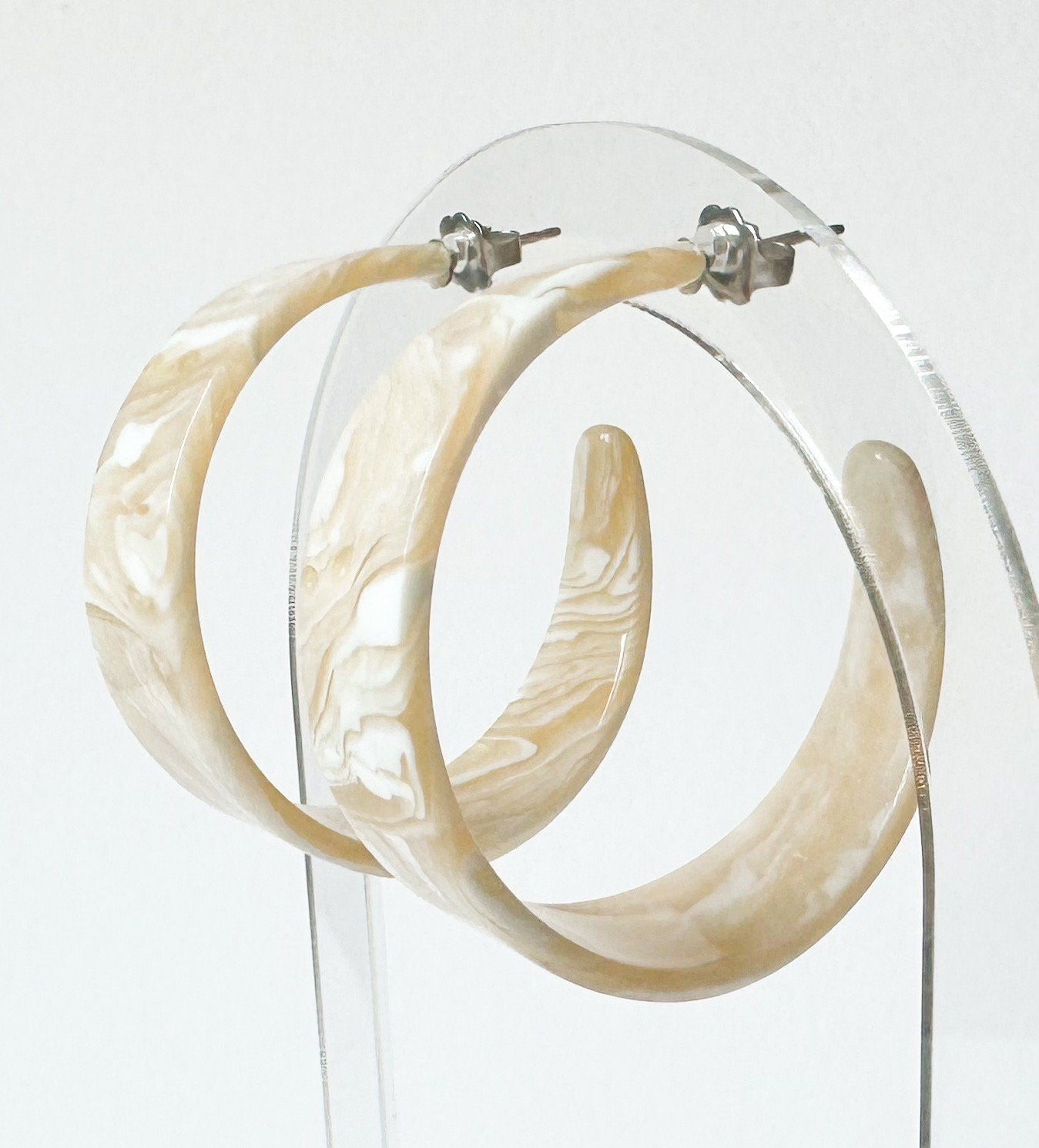 Tapered Ivory Hoop Earrings Handmade from Rare Vintage Italian Cellulose Acetate Bone Earrings Resin Hoops Lucite Statement Hoop Bone Hoops