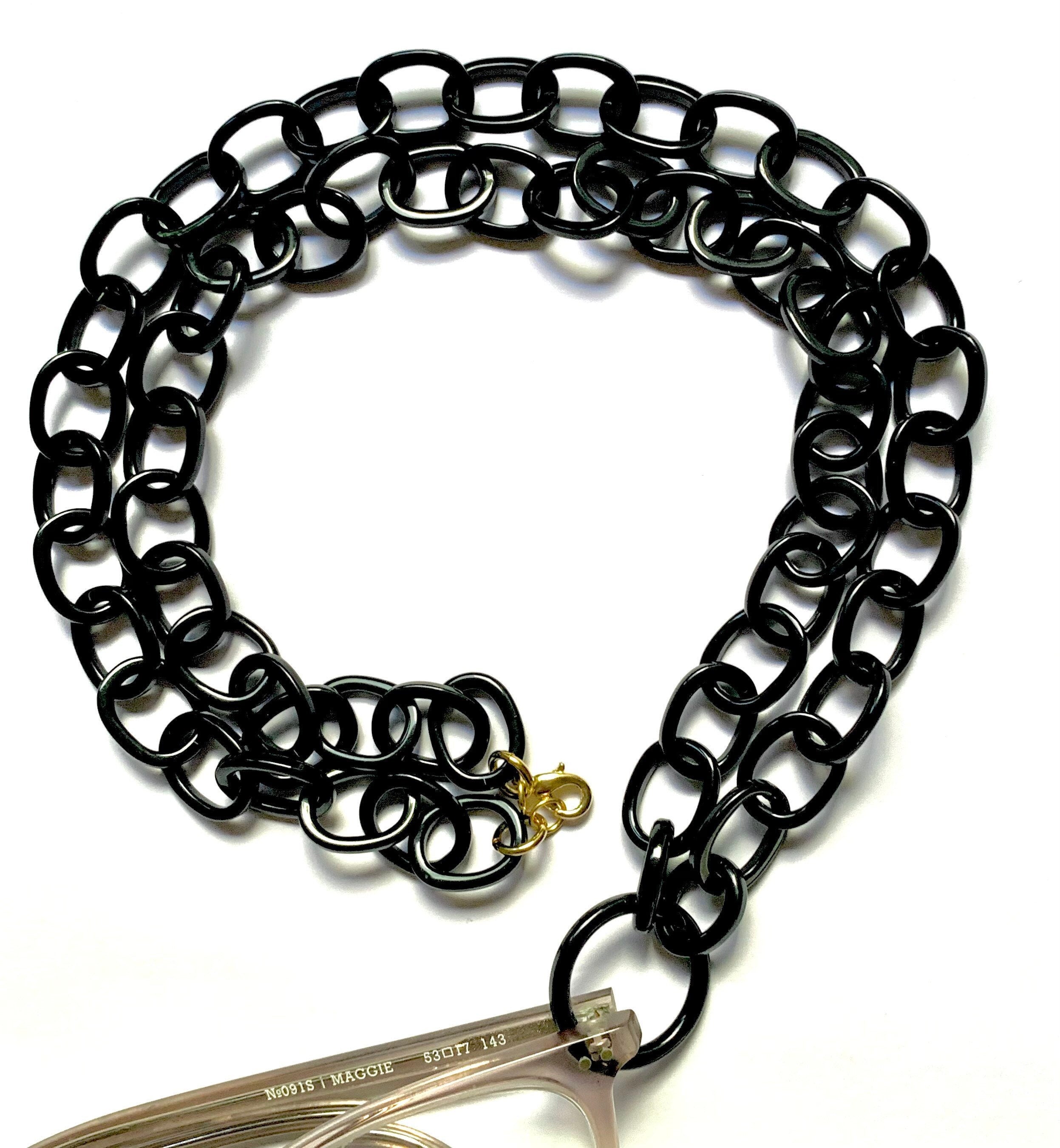 33" Solid Black Glasses Necklaces with 1" Loop| Handmade in NYC From Italian Cellulose Acetate