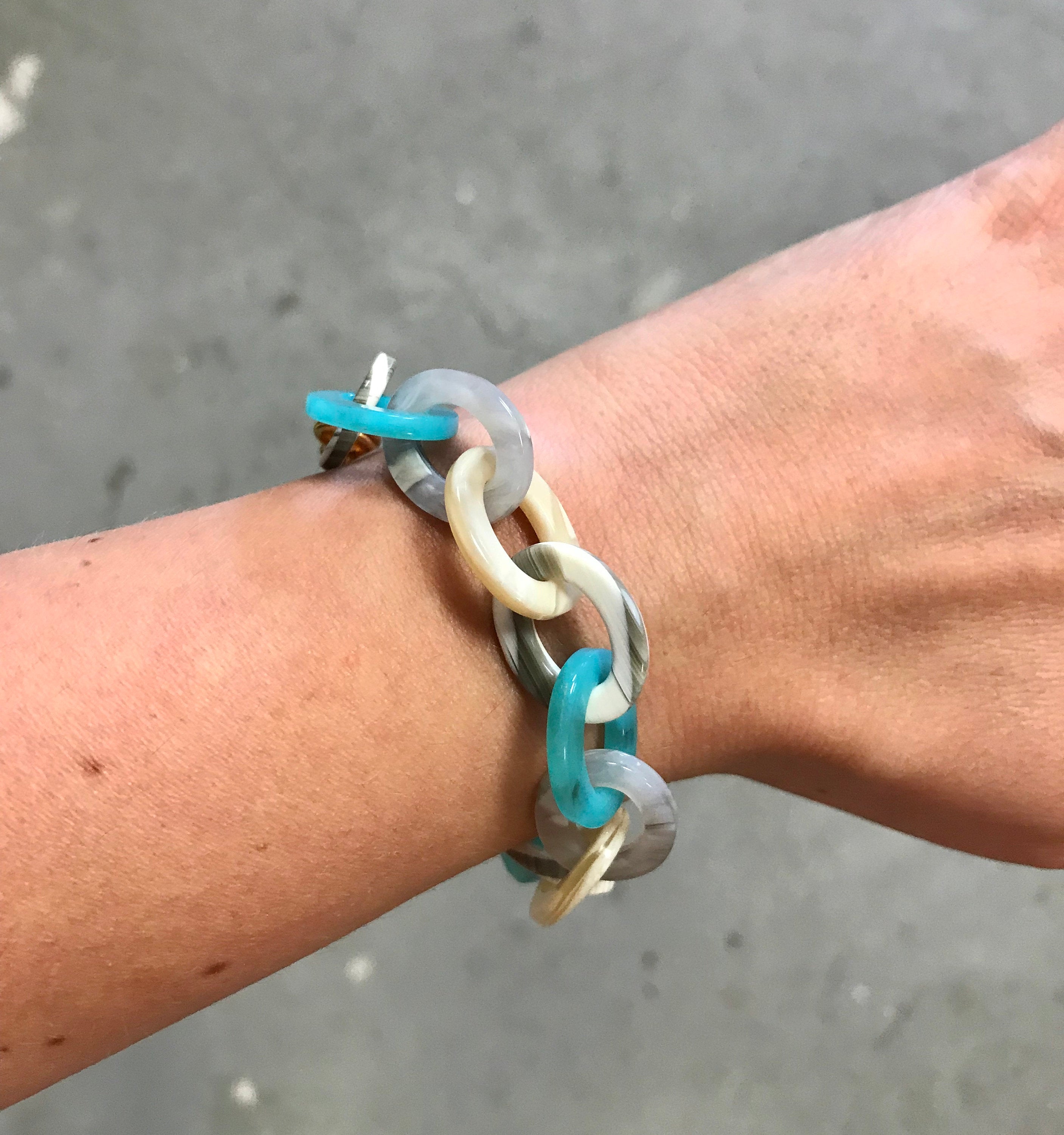 Turquoise and Faux Horn Cellulose Acetate Link Chain Bracelet |Handmade in the USA|
