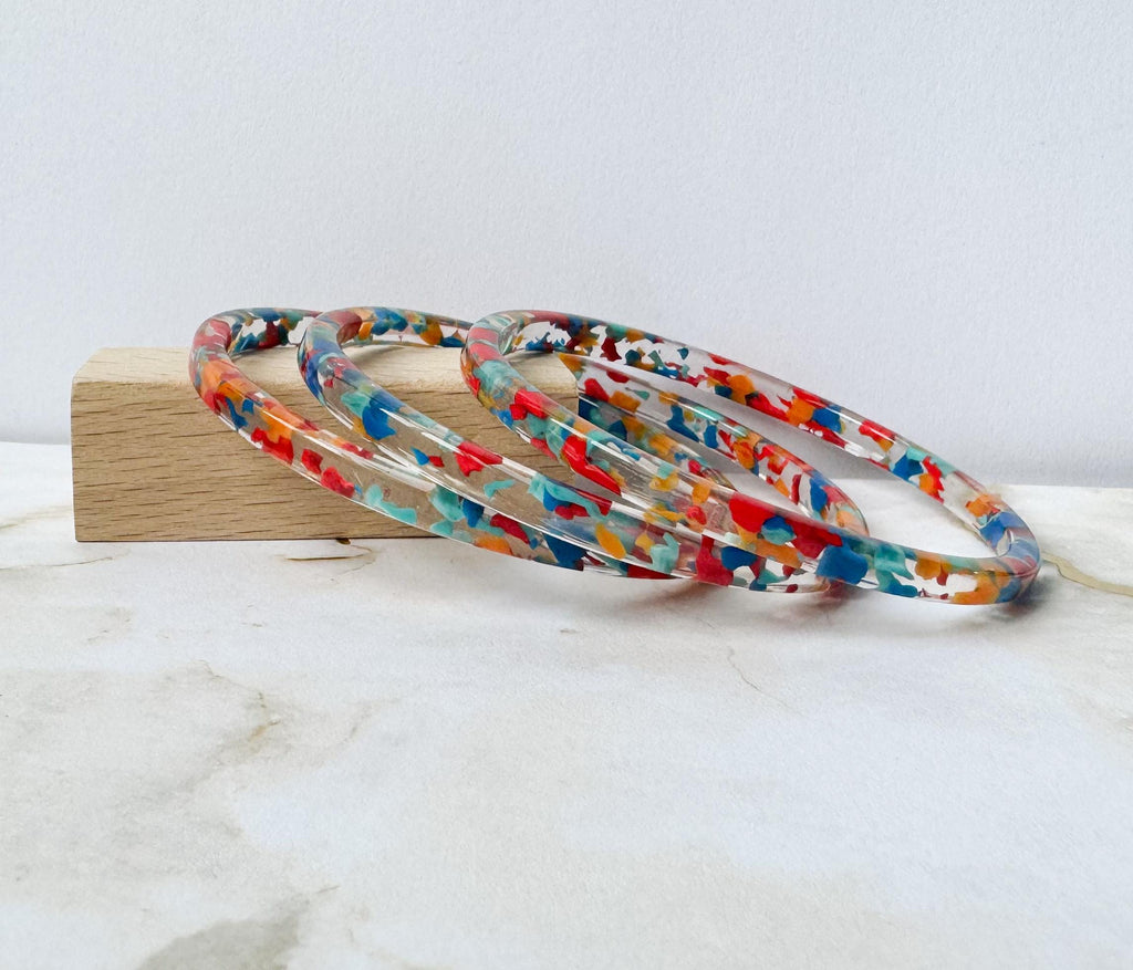 Set of Three Skinny Stacking Bangle Bracelets in Red Confetti Vintage Italian Cellulose Acetate | Handmade in the USA|