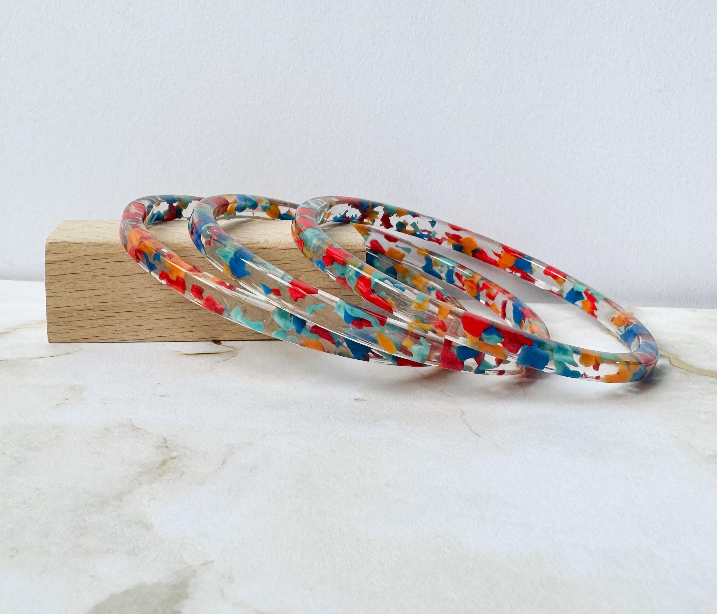 Set of Three Skinny Stacking Bangle Bracelets in Red Confetti Vintage Italian Cellulose Acetate | Handmade in the USA|