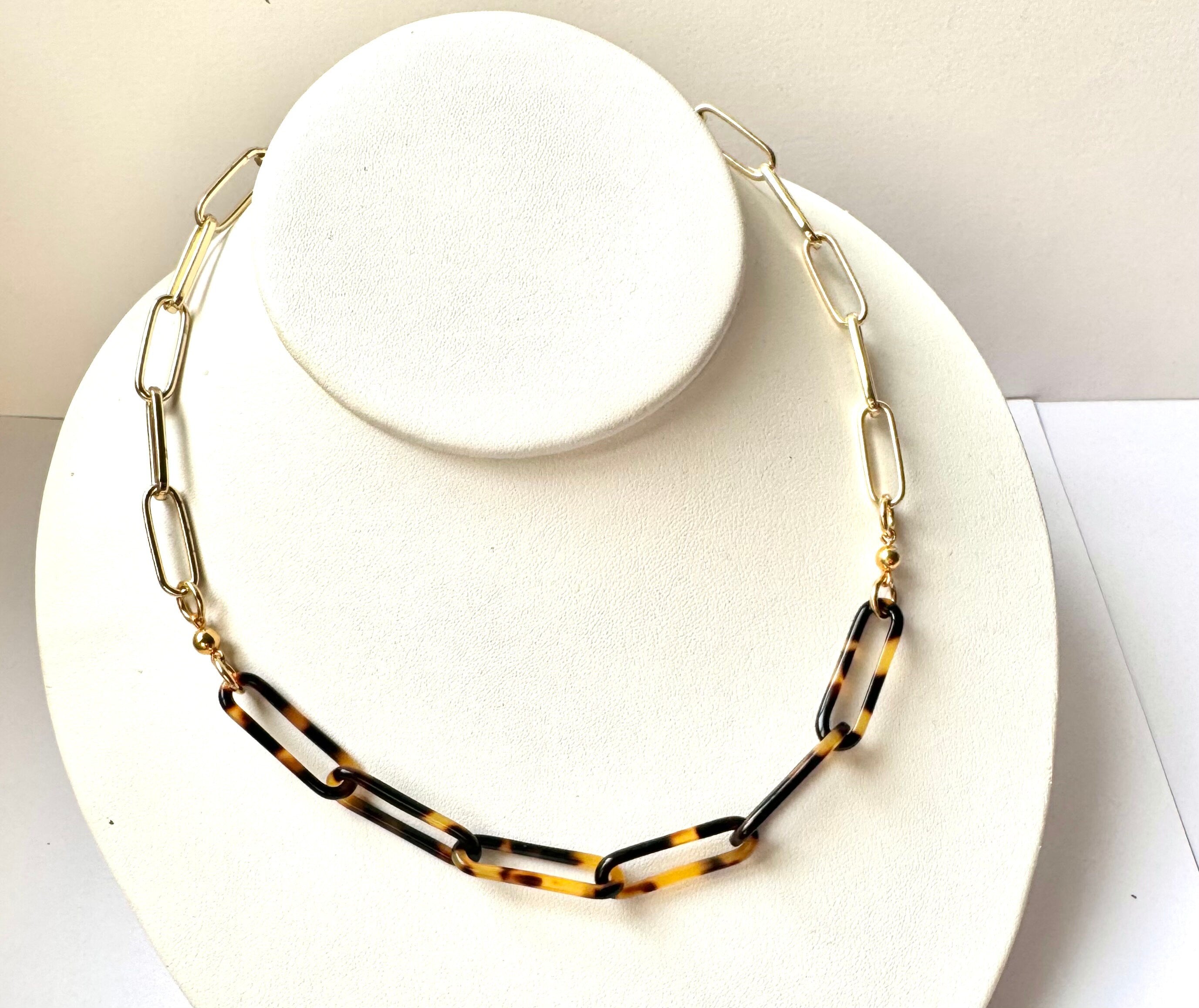 18" Tortoise Shell and Gold Filled Paperclip Chain |Handmade From Italian Cellulose Acetate | Tortoise Shell Necklace Made in USA