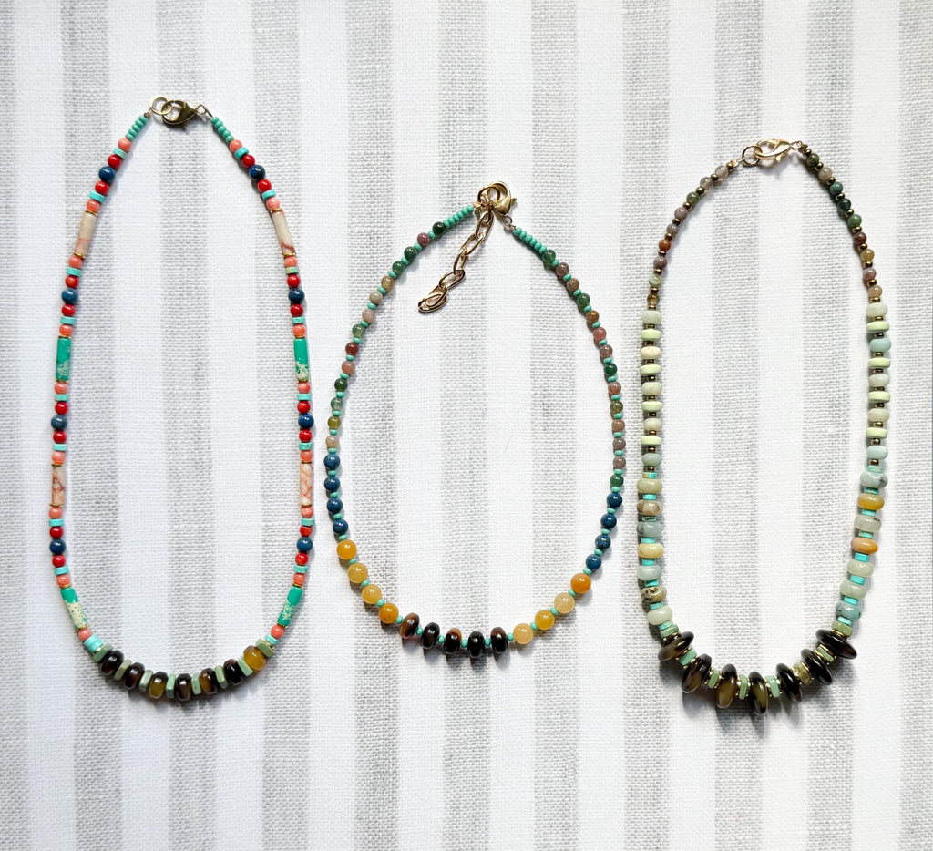 Beaded Necklace Made Handmade From Tortoise Shell, Agate, Amazonite, and Turquoise Beads with Gold Spacers Handmade in NYC Limited Edition